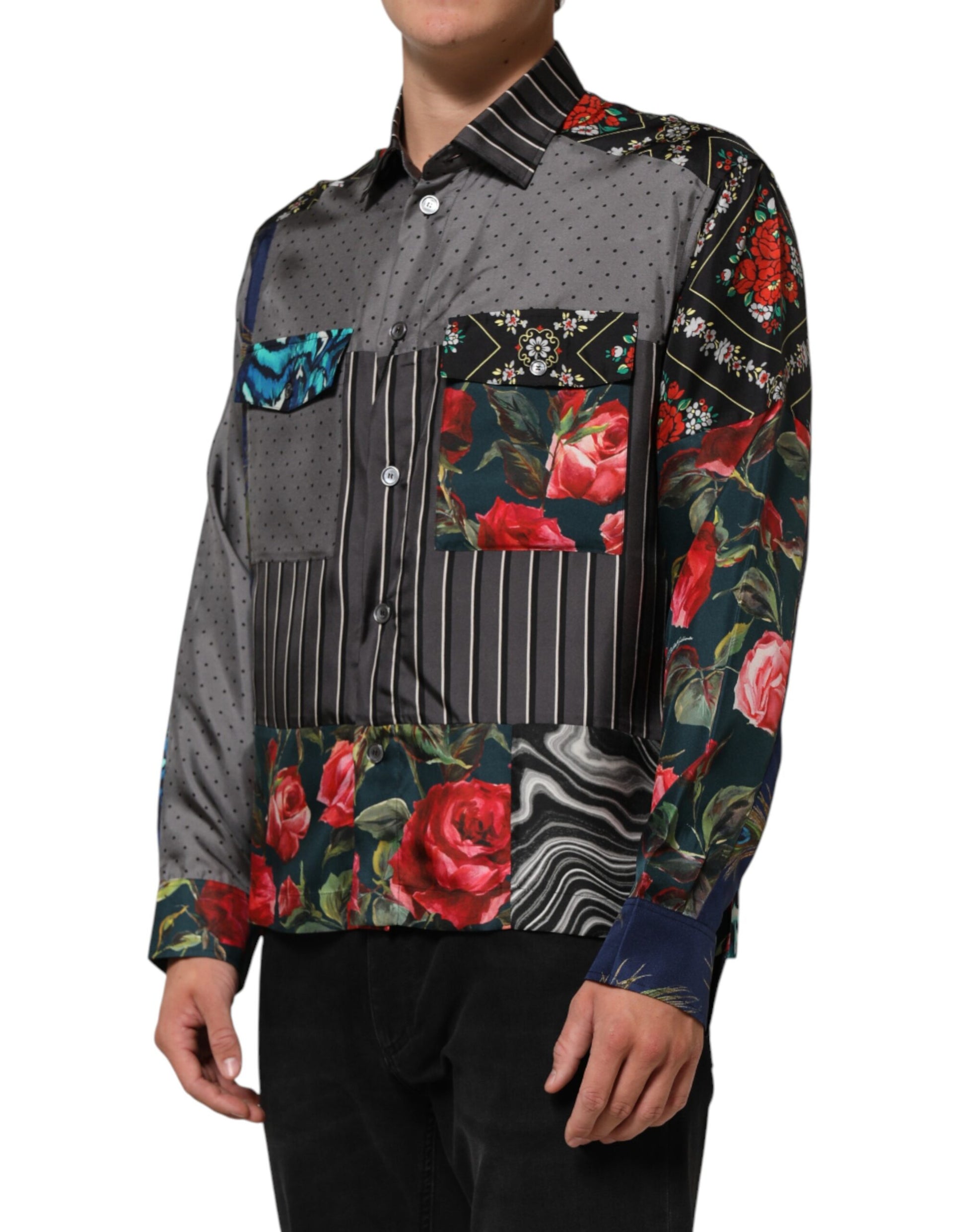 Dolce & Gabbana Multicolor Patchwork Long Sleeves Silk Shirt