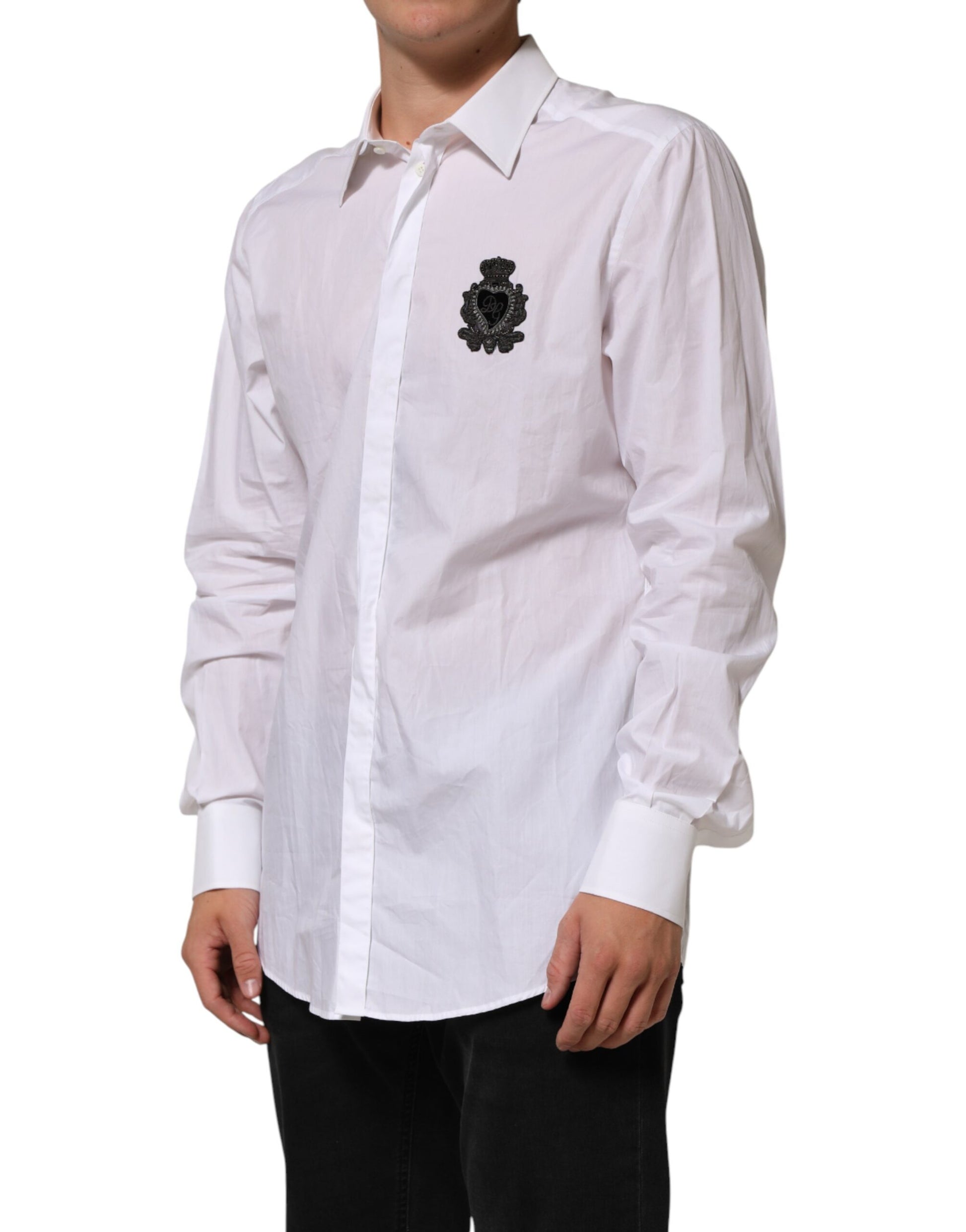 Dolce & Gabbana White Cotton MARTINI DG Patch Dress Shirt