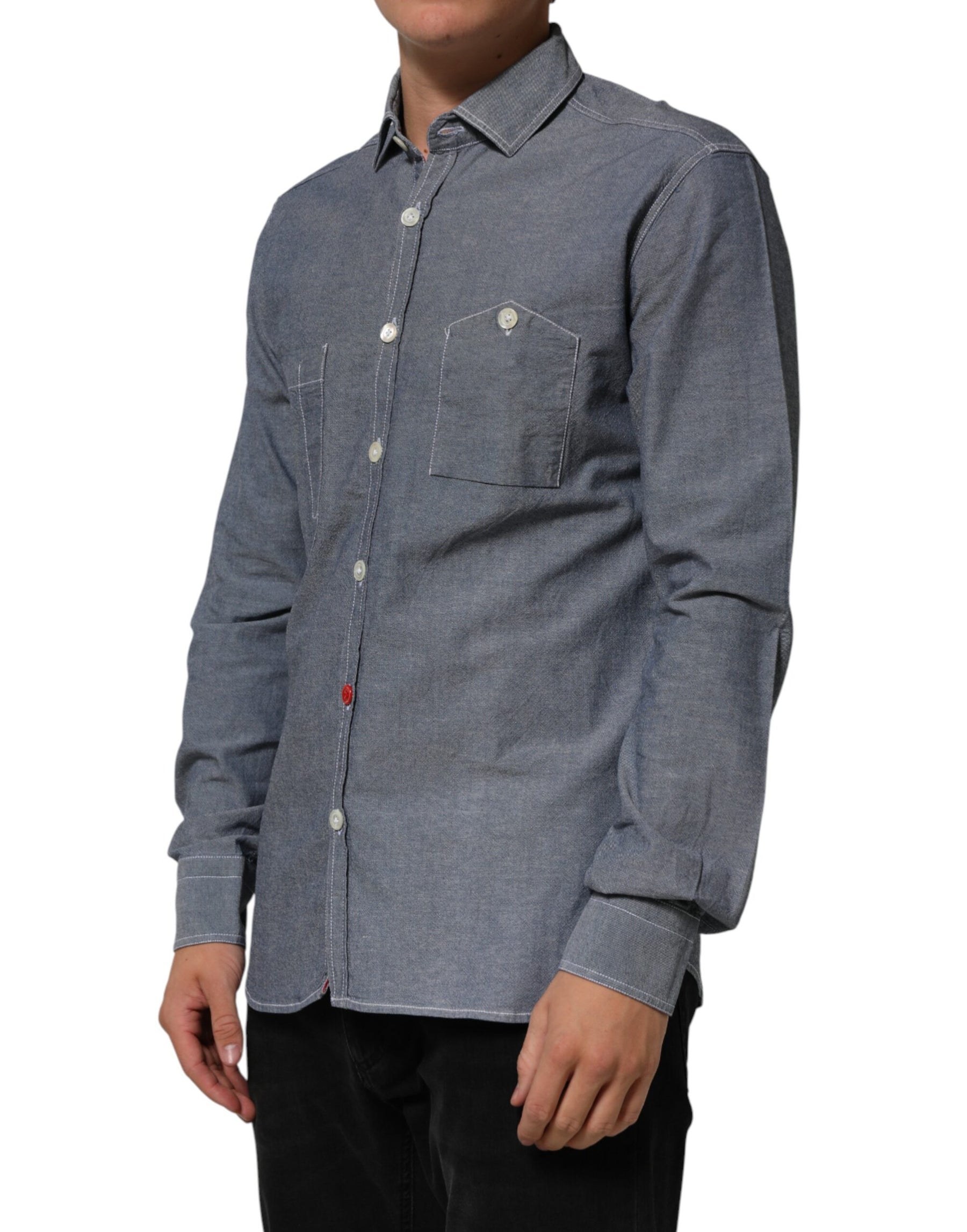 AGLINI Blue Denim Regular Fit Collared Long Sleeve Casual Shirt | Regal Royce
