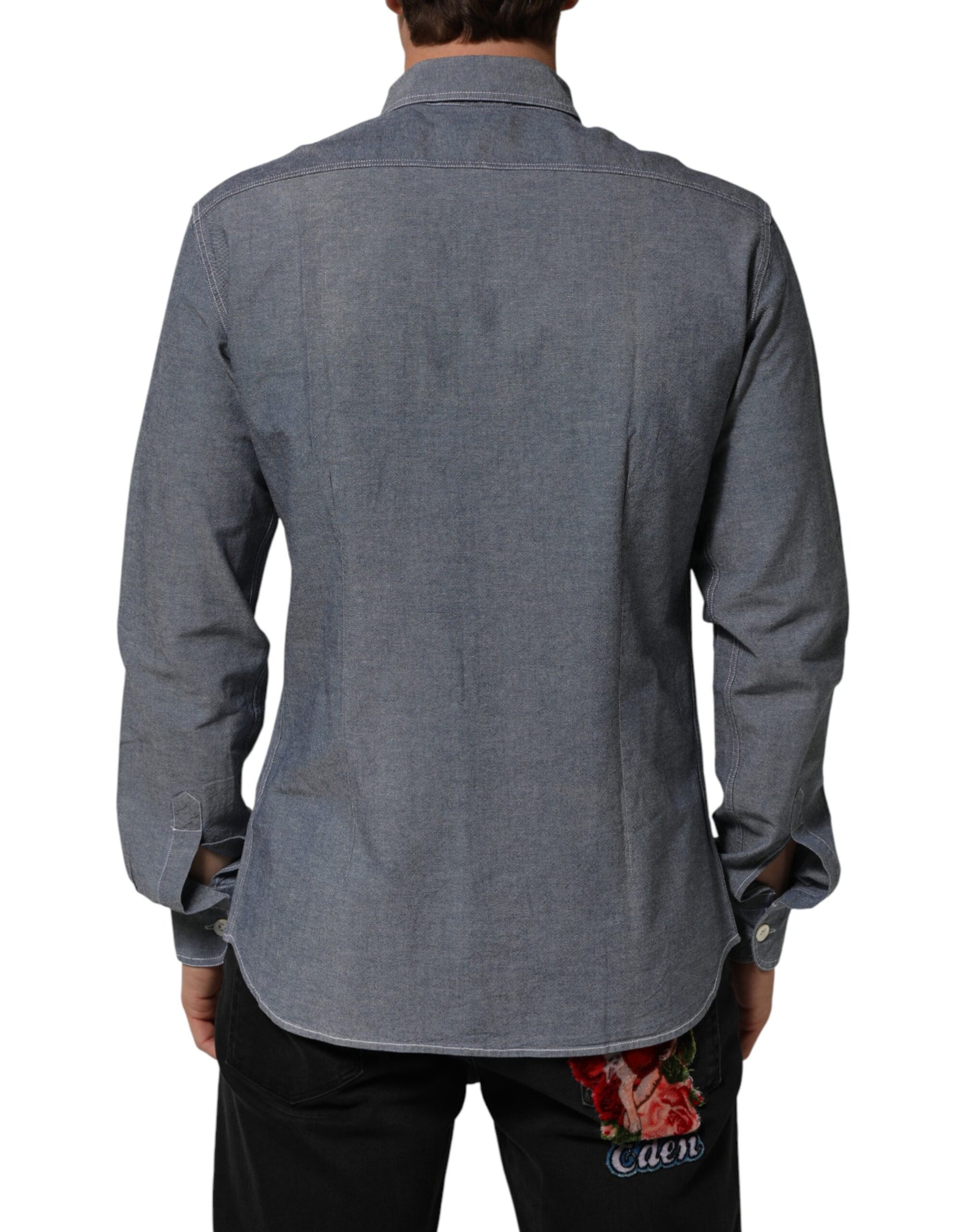 AGLINI Blue Denim Regular Fit Collared Long Sleeve Casual Shirt | Regal Royce