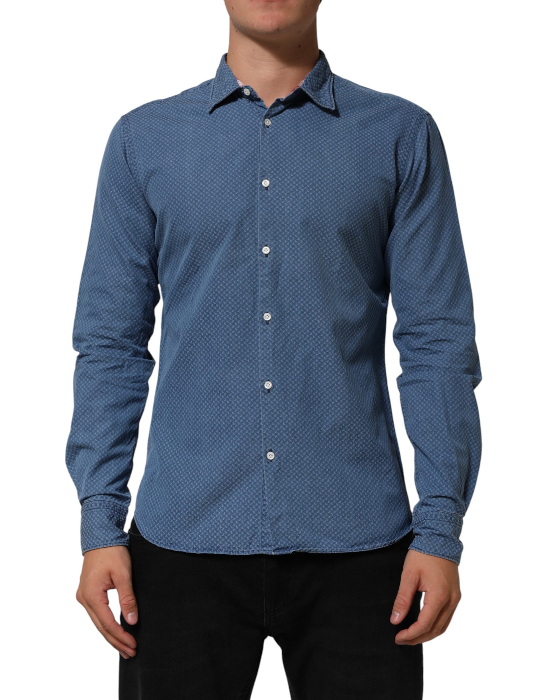 AGLINI Blue Denim Slim Fit Collared Long Sleeve Casual Shirt | Regal Royce