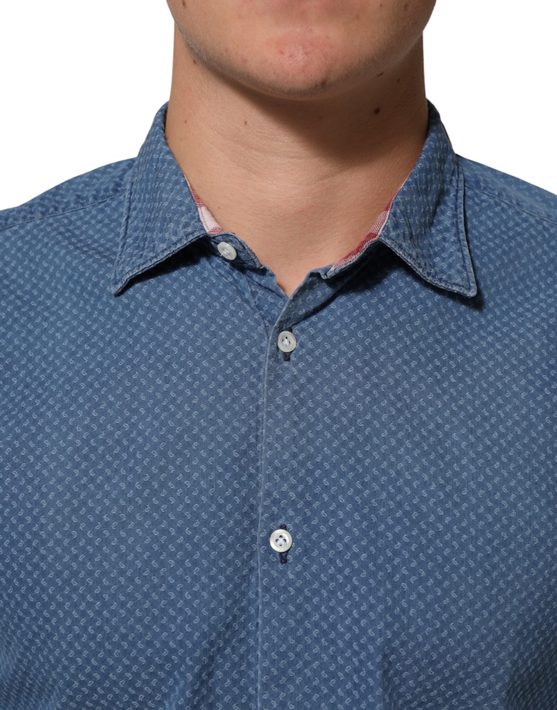 AGLINI Blue Cotton Slim Fit Collared Long Sleeve Casual Shirt | Regal Royce