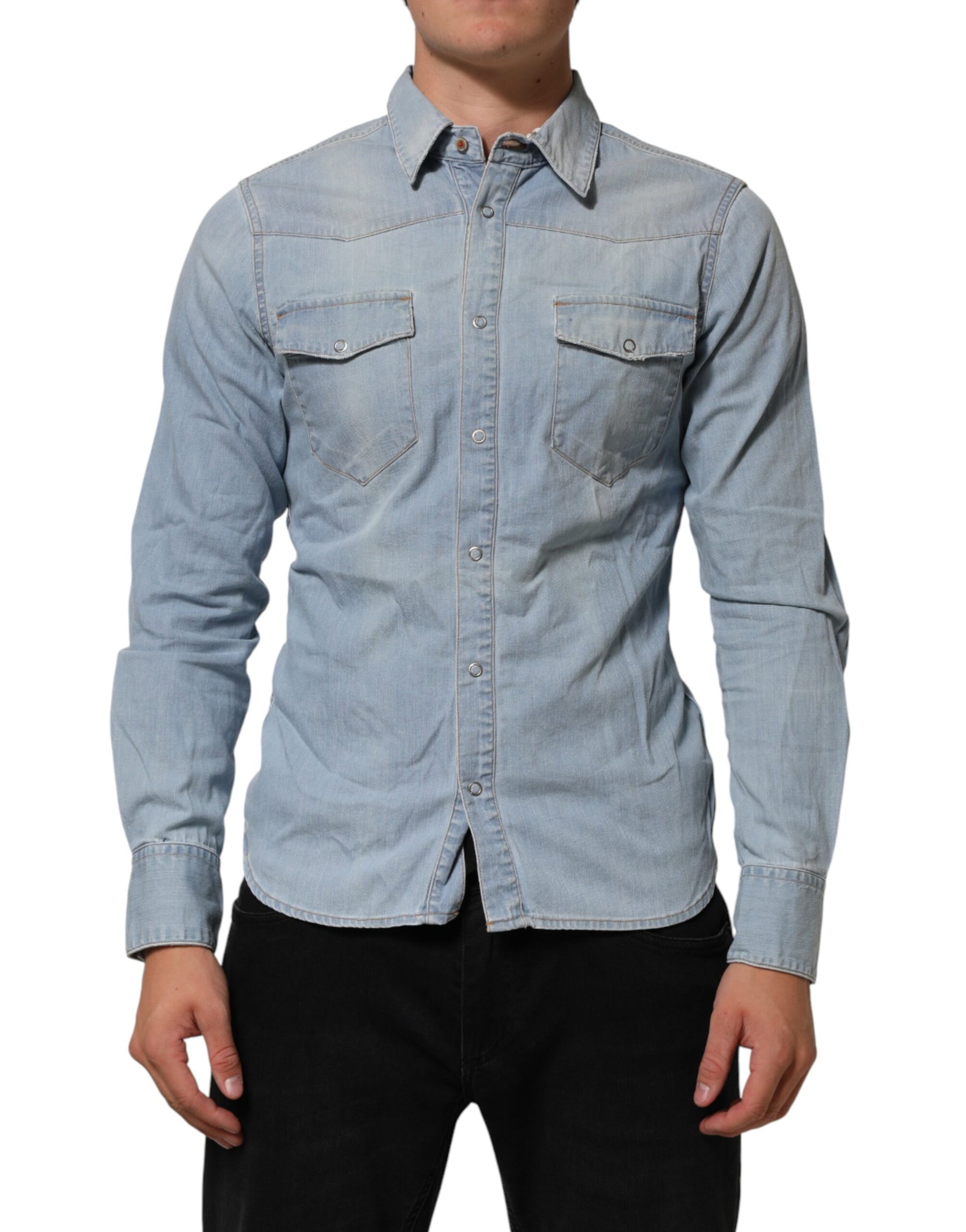 Maison Clochard Blue Denim Collared Long Sleeve Men Shirt | Regal Royce
