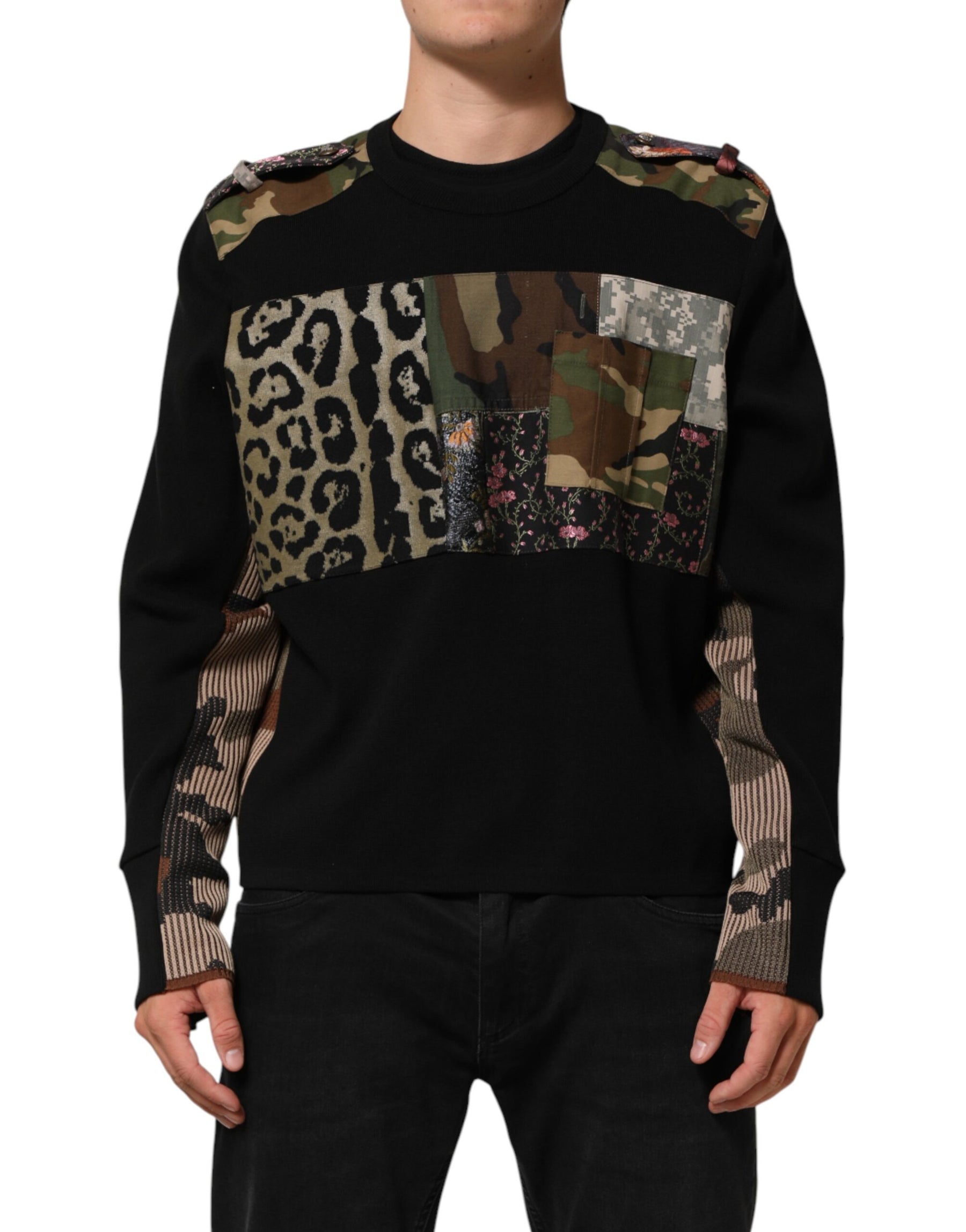 Dolce & Gabbana Black Patchwork Crew Neck Pullover Sweater | Regal Royce