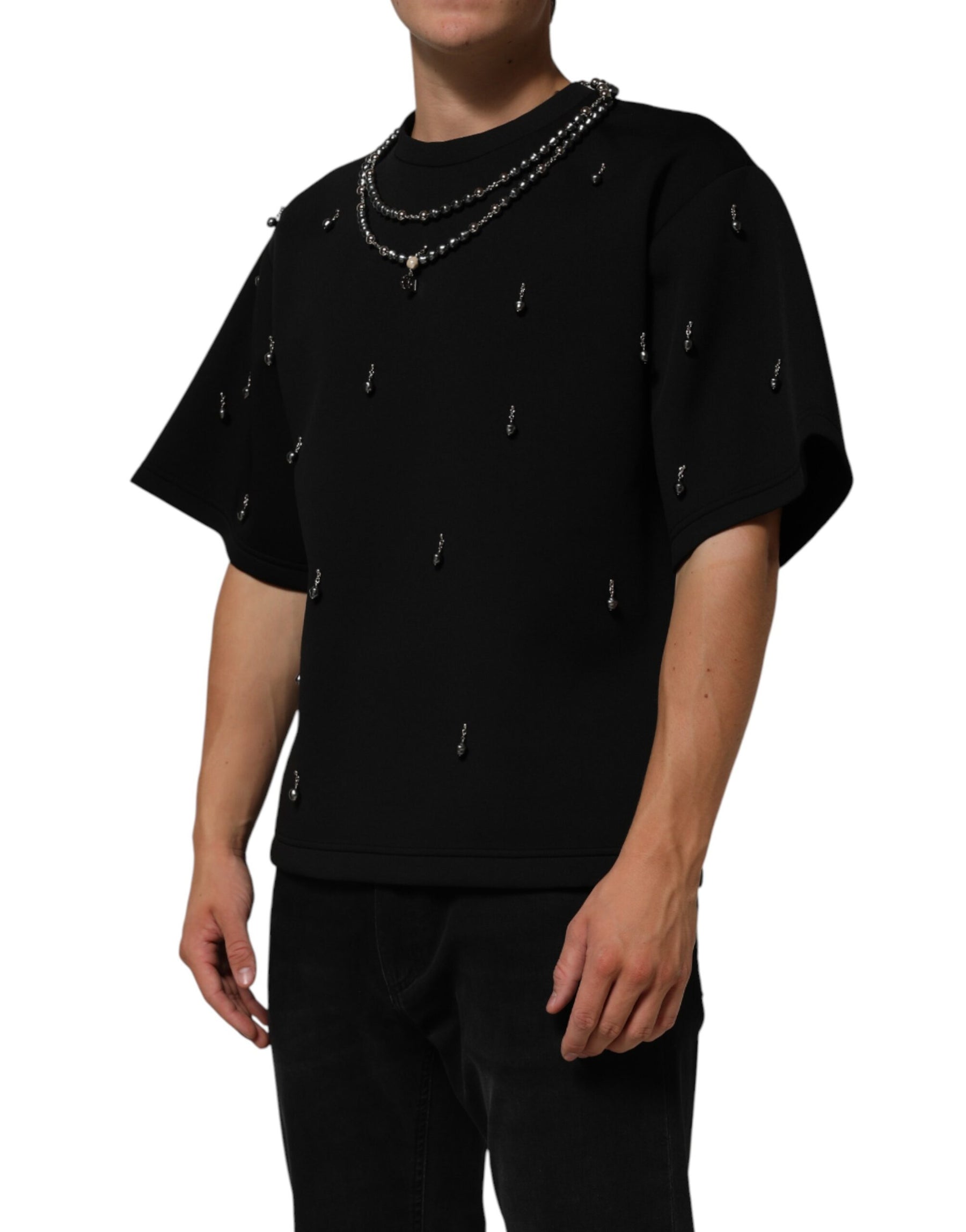 Dolce & Gabbana Black Polyester Necklace Embellished T-shirt | Regal Royce
