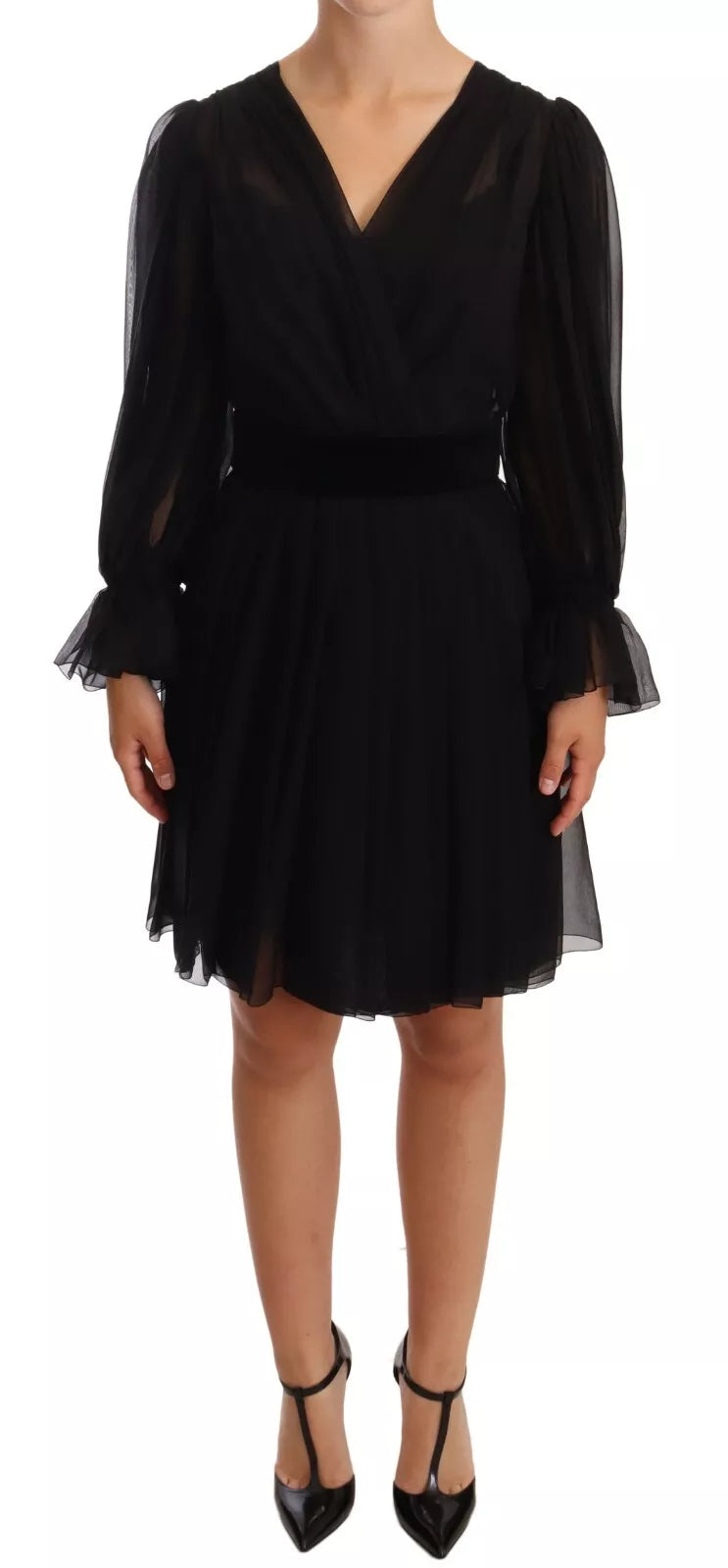 Dolce & Gabbana Black Silk Tulle Long Sleeve V-neck Dress | Regal Royce