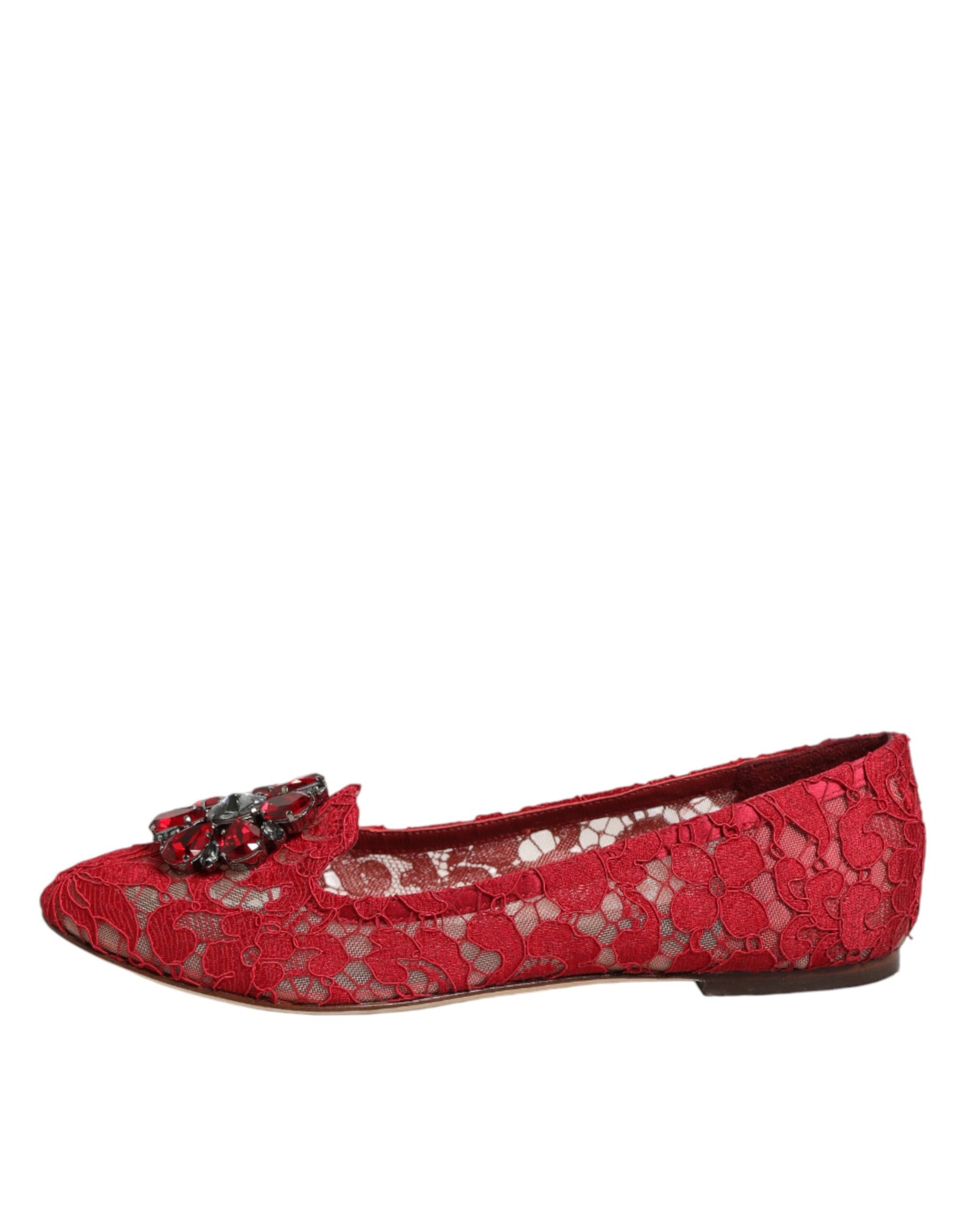 Dolce & Gabbana Red Lace Crystal Ballet Flats Loafers Shoes | Regal Royce