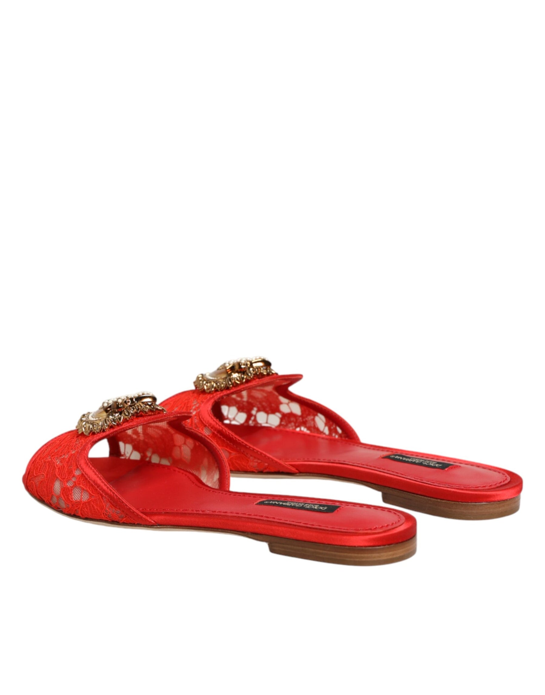 Dolce & Gabbana Red Devotion Lace Flats Slip On Sandals Shoes | Regal Royce