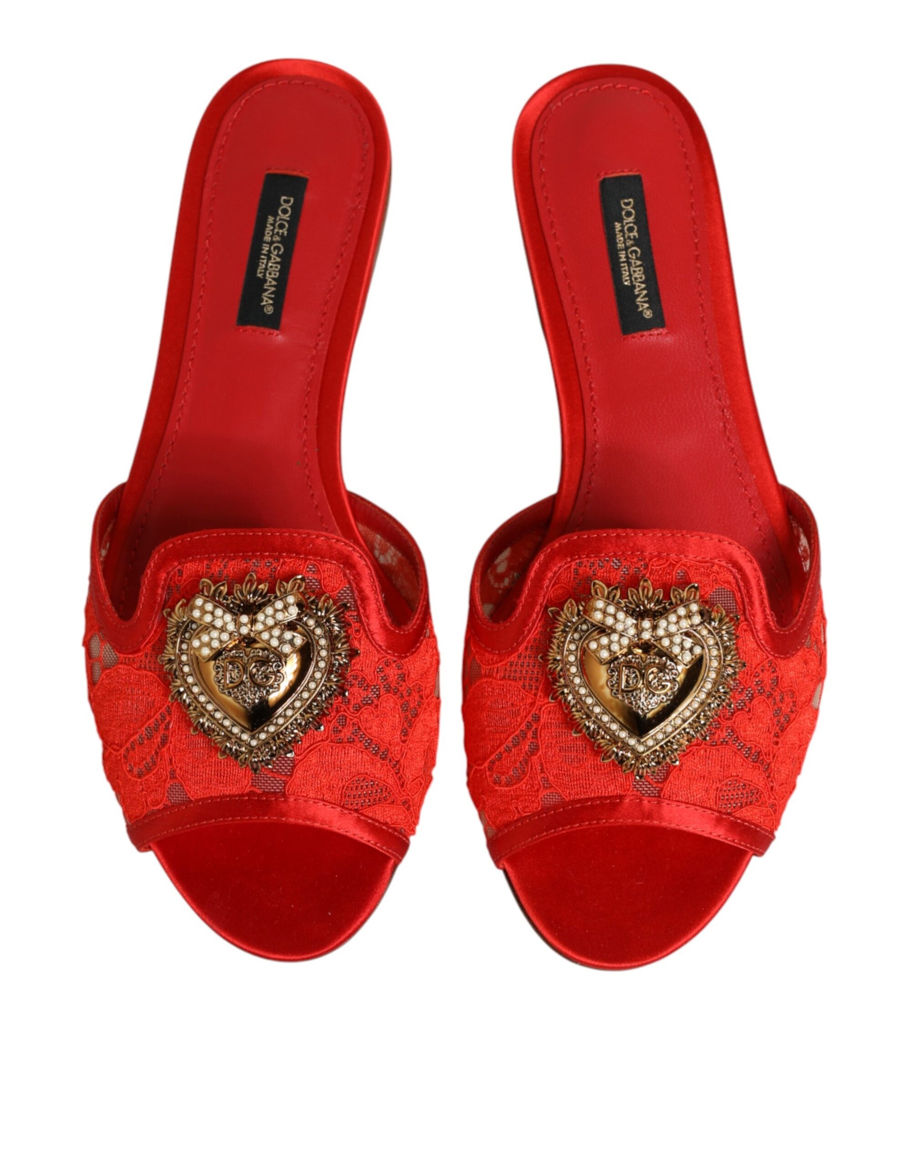 Dolce & Gabbana Red Devotion Lace Flats Slip On Sandals Shoes | Regal Royce