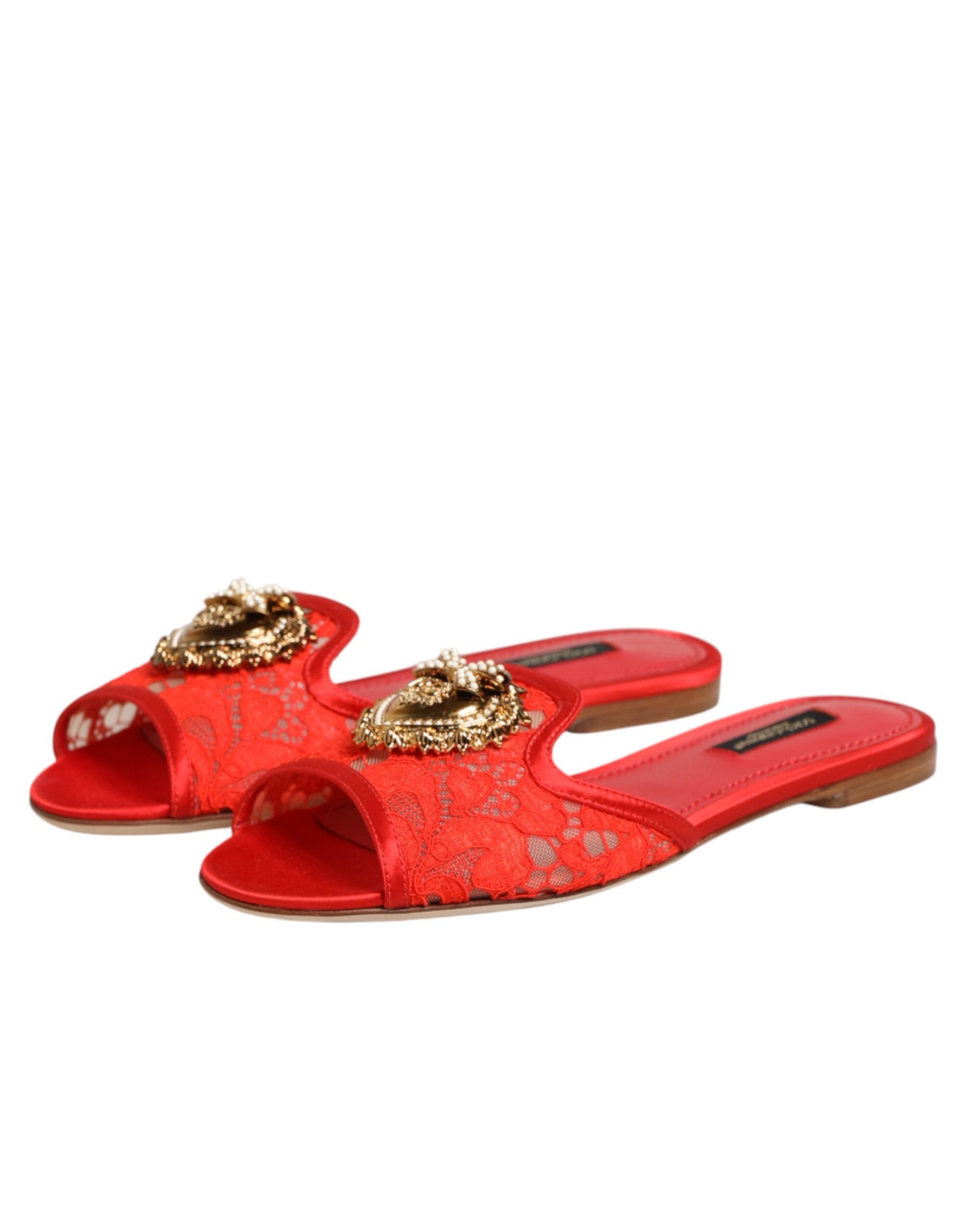 Dolce & Gabbana Red Devotion Lace Flats Slip On Sandals Shoes | Regal Royce
