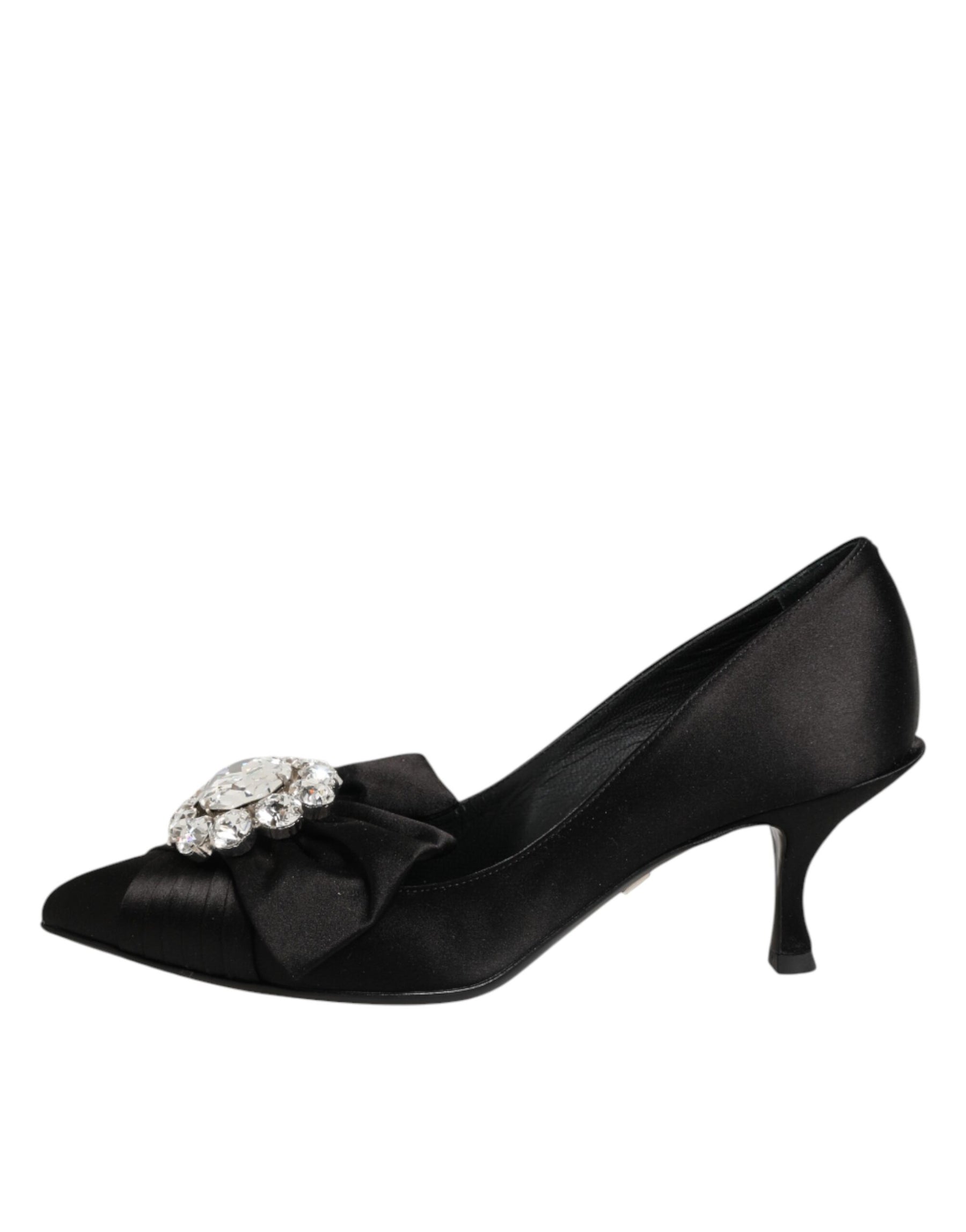Dolce & Gabbana Black Satin Bow Crystal Embellishment Pumps Shoes | Regal Royce
