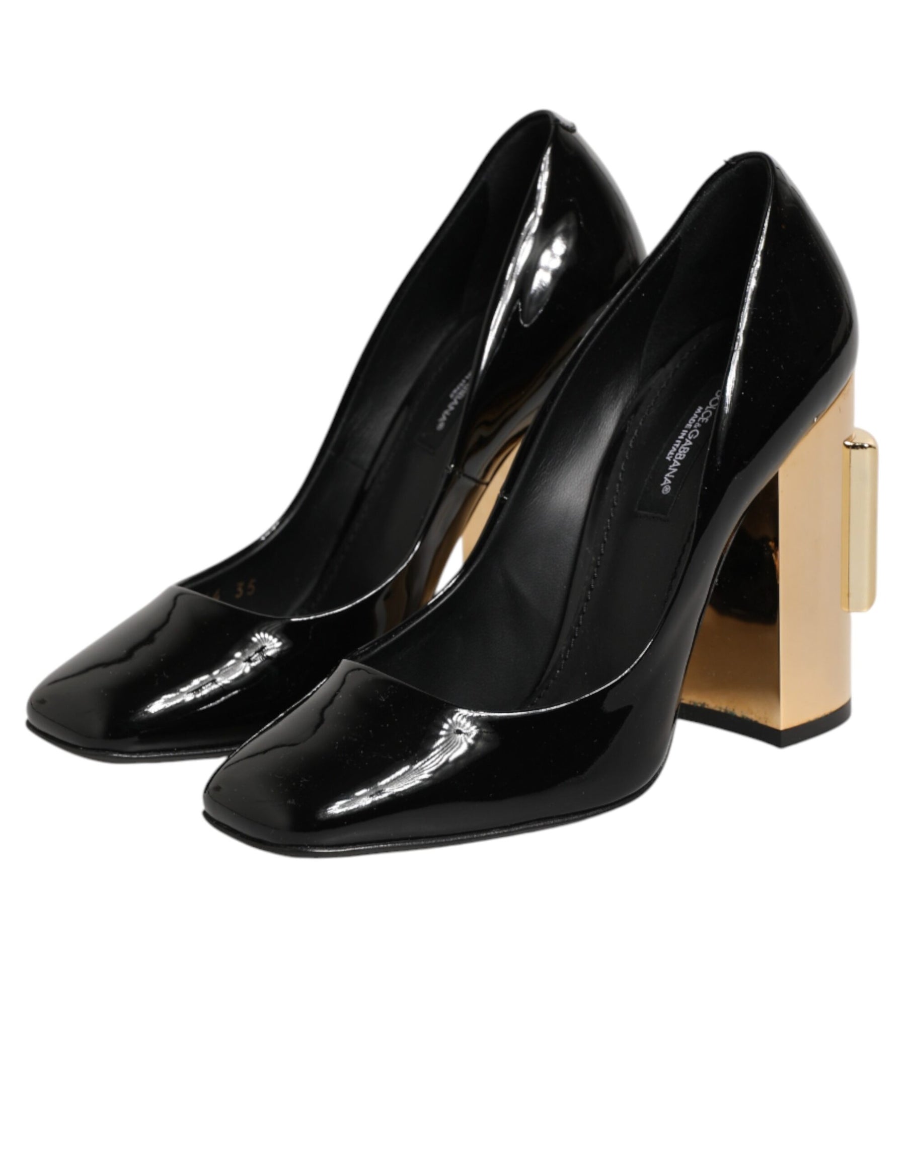 Dolce & Gabbana Black Gold Patent Leather Logo Heels Pumps Shoes | Regal Royce