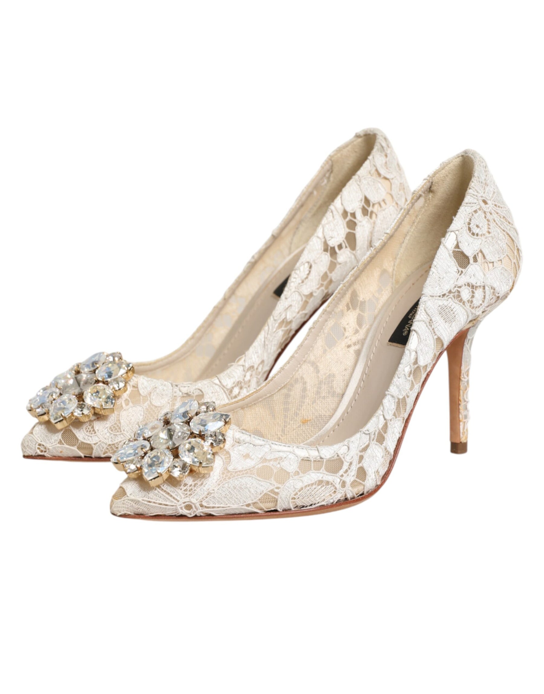Dolce & Gabbana White Taormina Lace Crystal Heel Pumps Shoes | Regal Royce