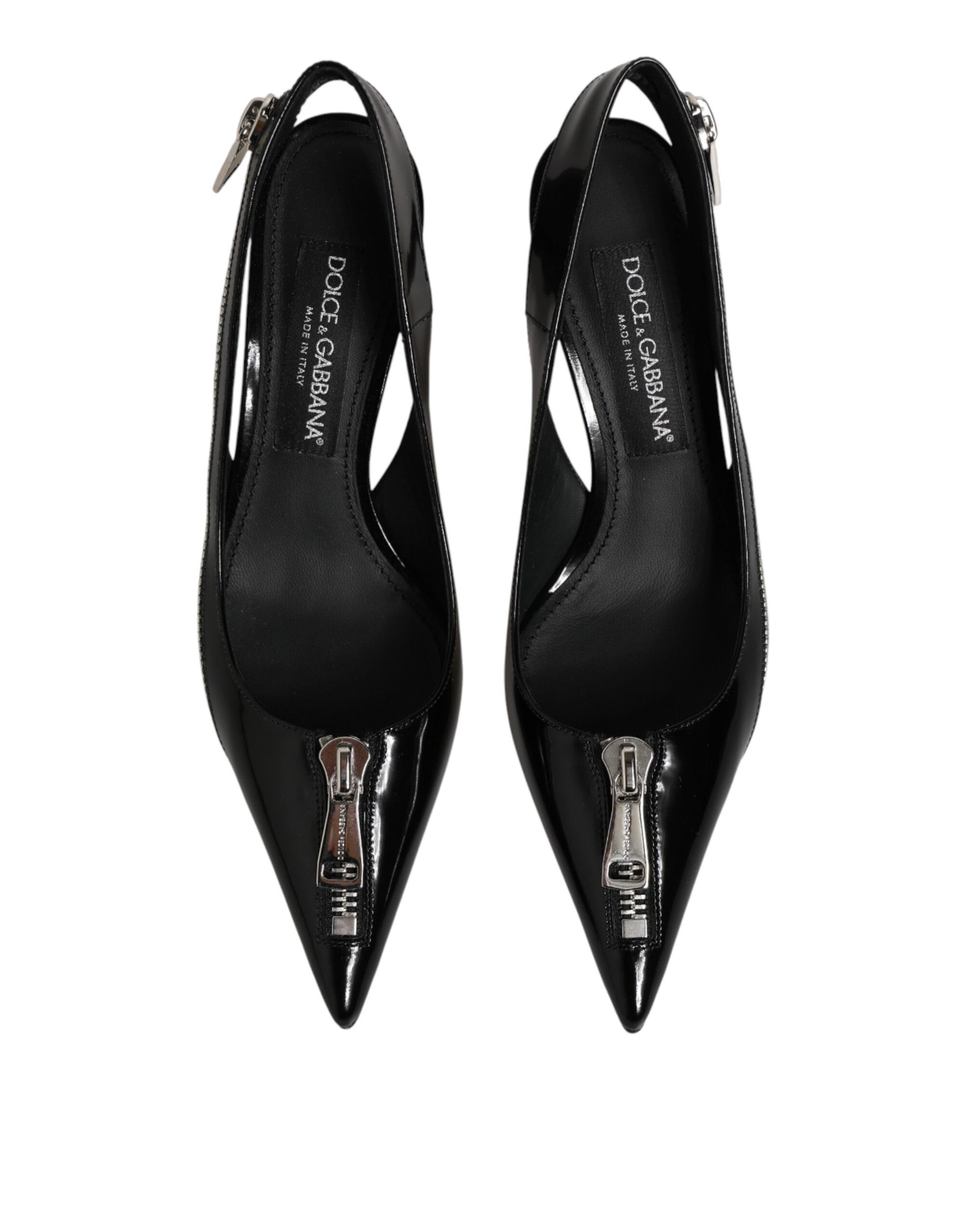 Dolce & Gabbana Black Zipper Leather Heels Slingbacks Shoes | Regal Royce