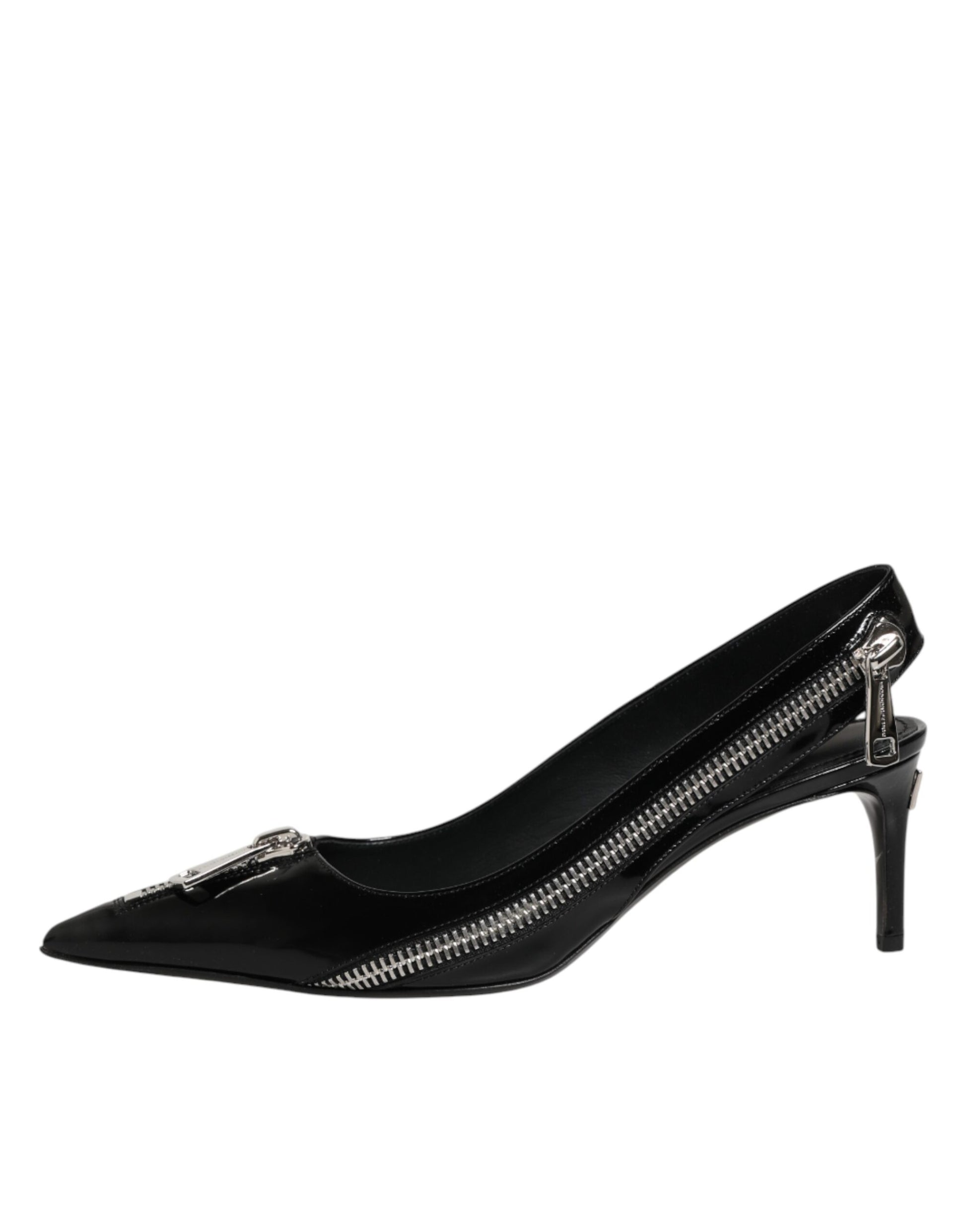 Dolce & Gabbana Black Zipper Leather Heels Slingbacks Shoes