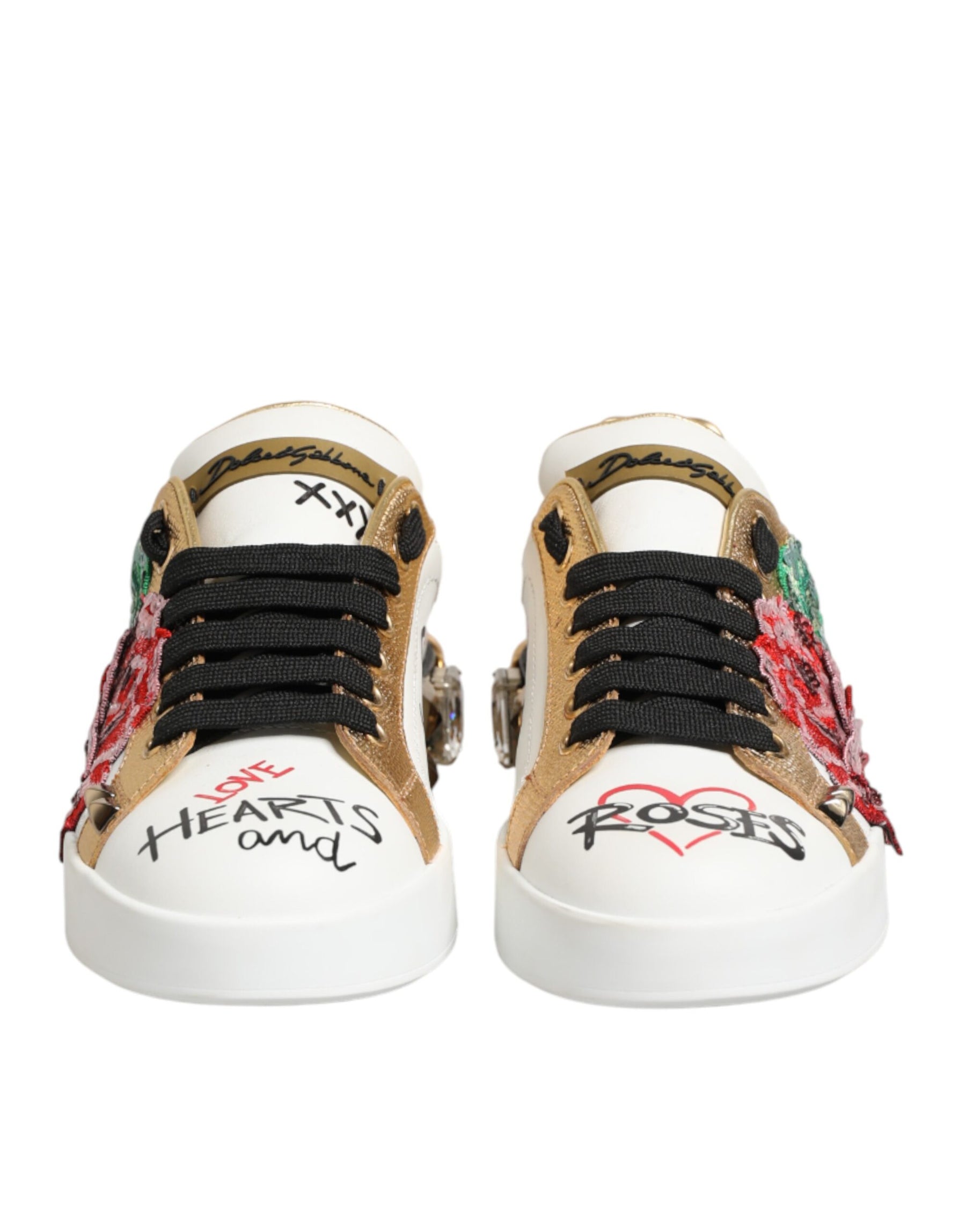 Dolce & Gabbana White Leather Floral Studded Sneakers Shoes | Regal Royce