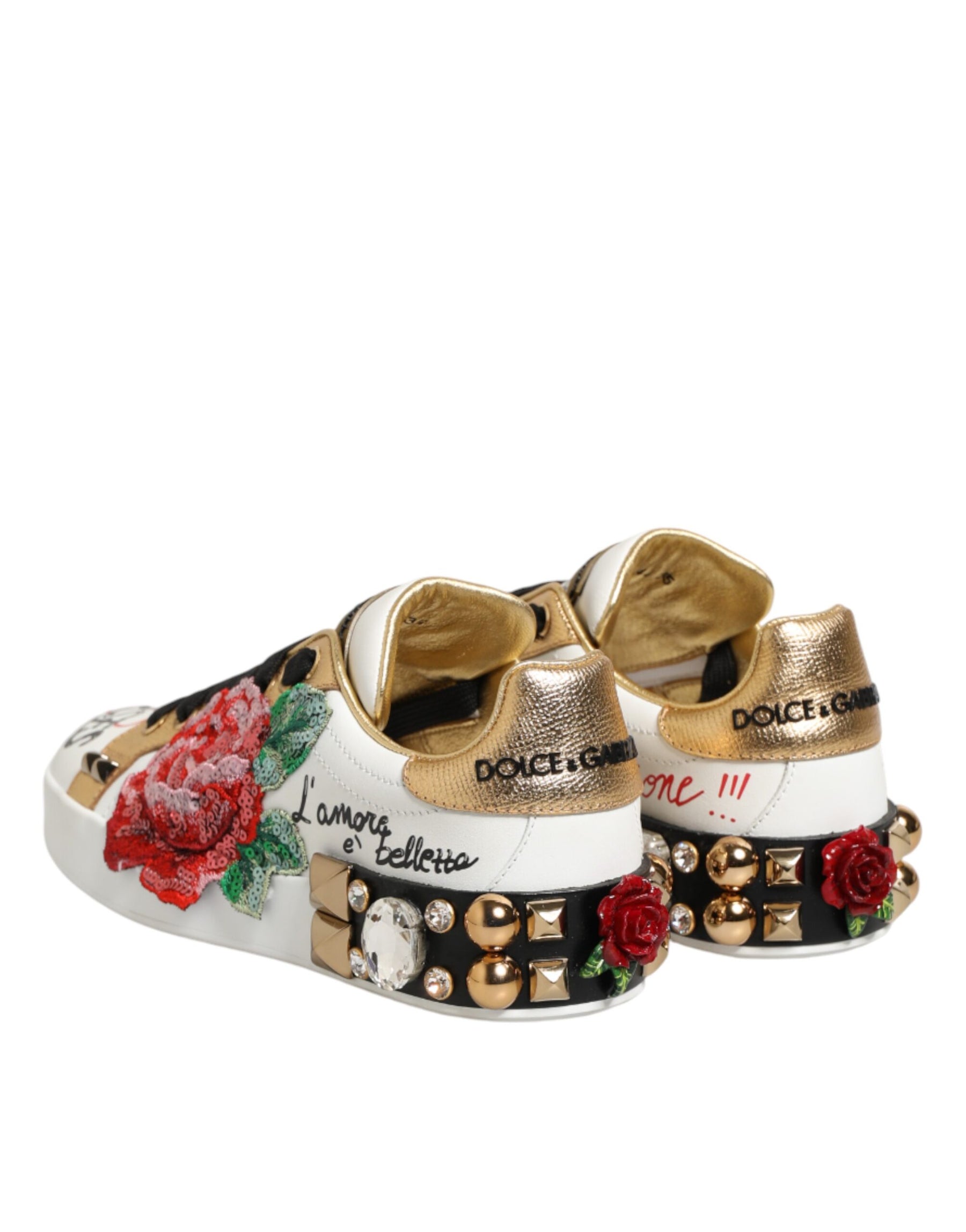 Dolce & Gabbana White Leather Floral Studded Sneakers Shoes | Regal Royce