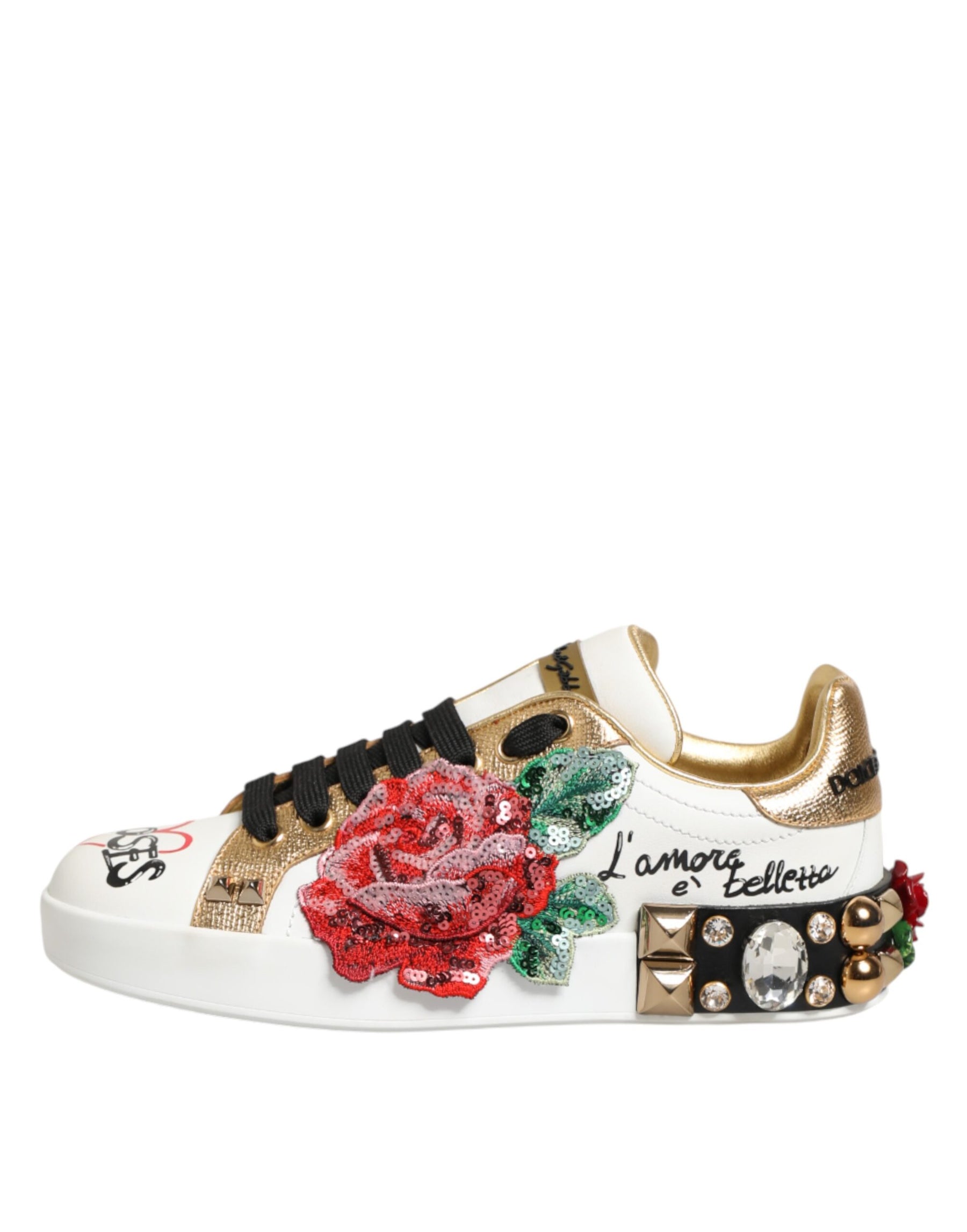 Dolce & Gabbana White Leather Floral Studded Sneakers Shoes | Regal Royce