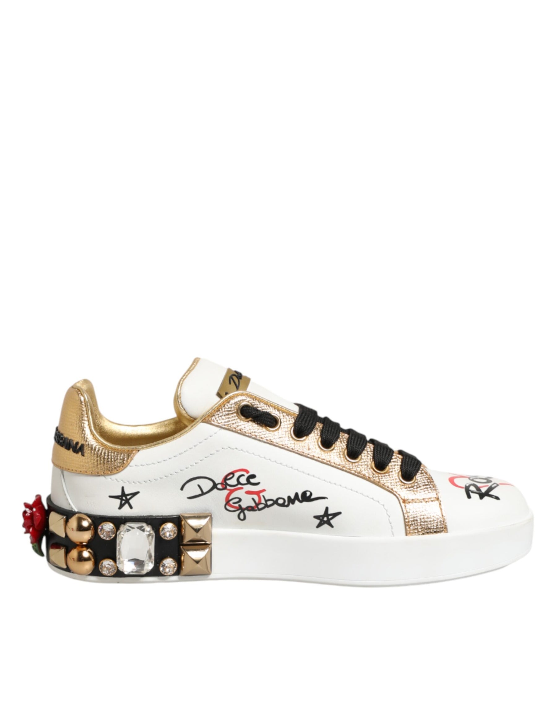 Dolce & Gabbana White Leather Floral Studded Sneakers Shoes | Regal Royce