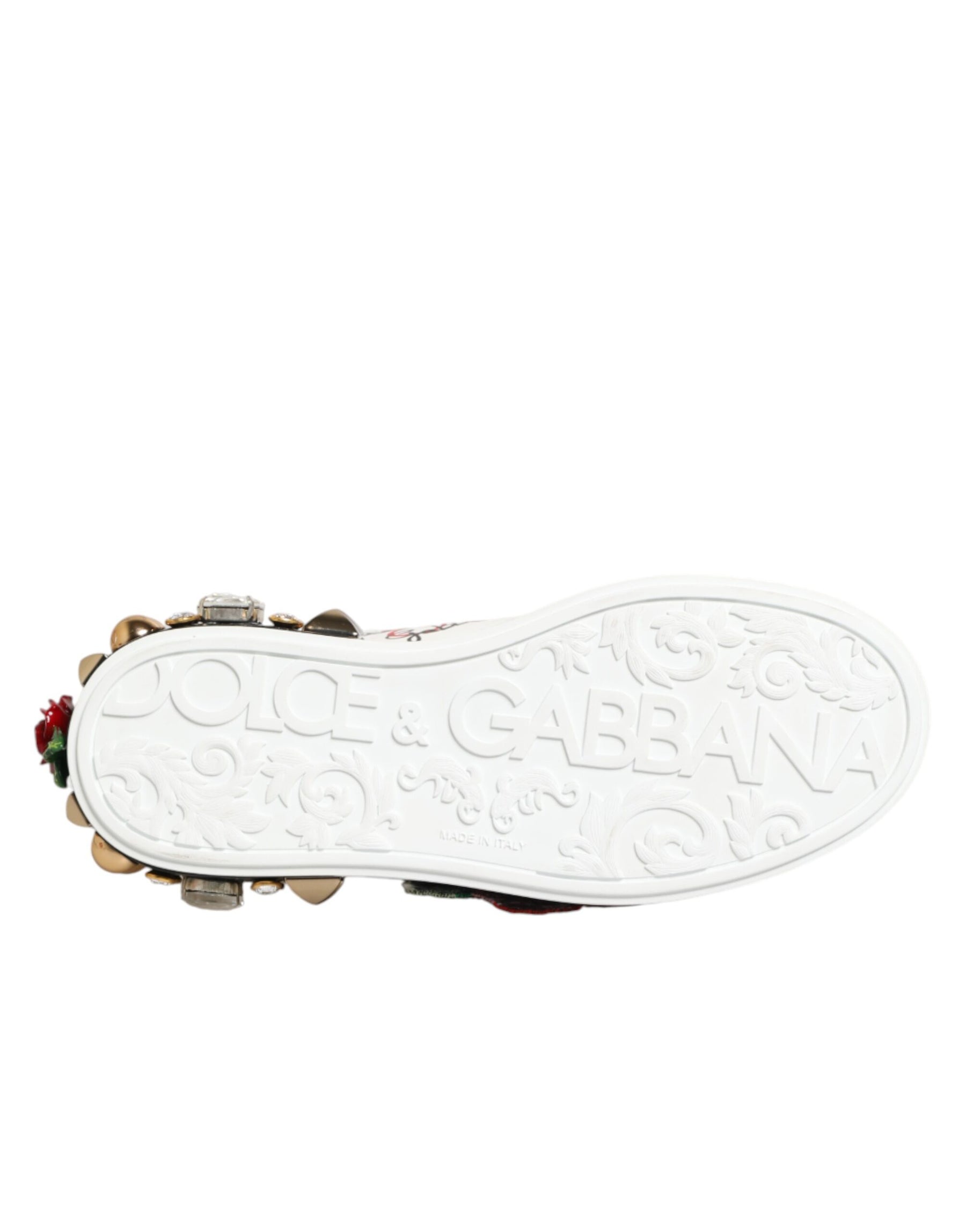 Dolce & Gabbana White Leather Floral Studded Sneakers Shoes | Regal Royce