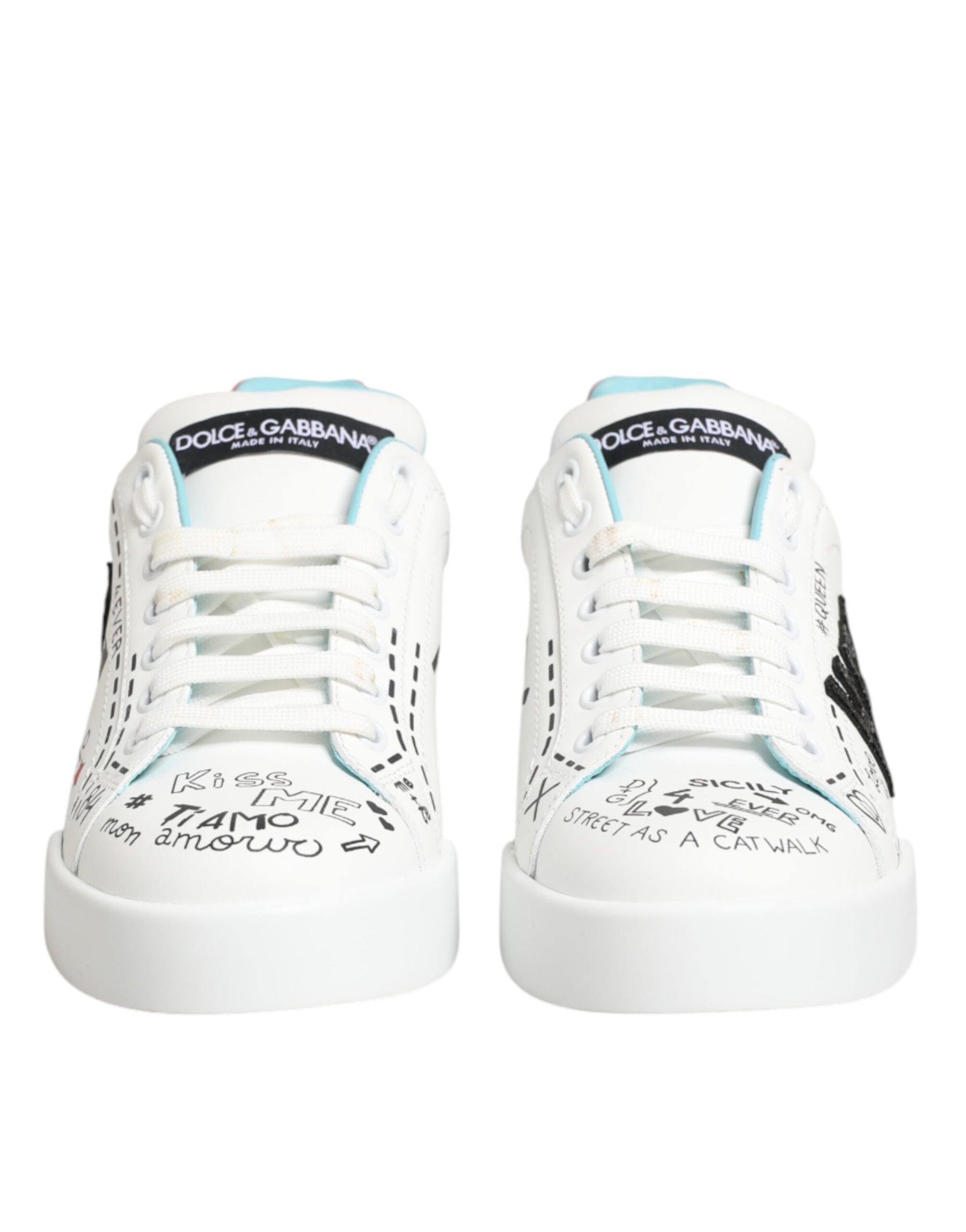 Dolce & Gabbana White Leather Graffiti Low Top Sneakers Shoes | Regal Royce