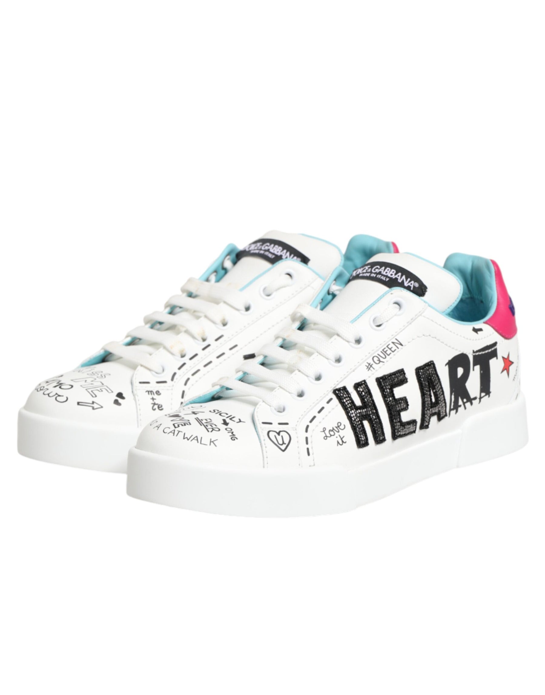 Dolce & Gabbana White Leather Graffiti Low Top Sneakers Shoes | Regal Royce