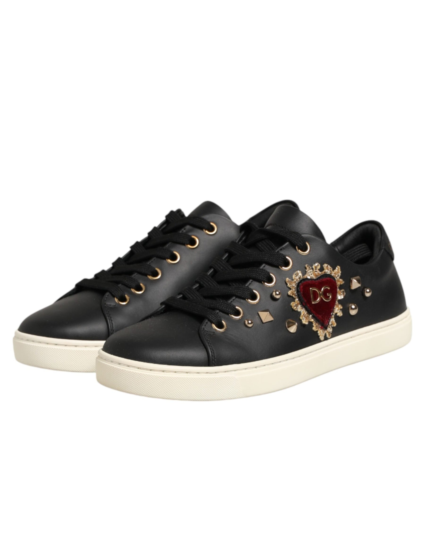 Dolce & Gabbana Black Leather Sacred Heart Sneakers Shoes | Regal Royce