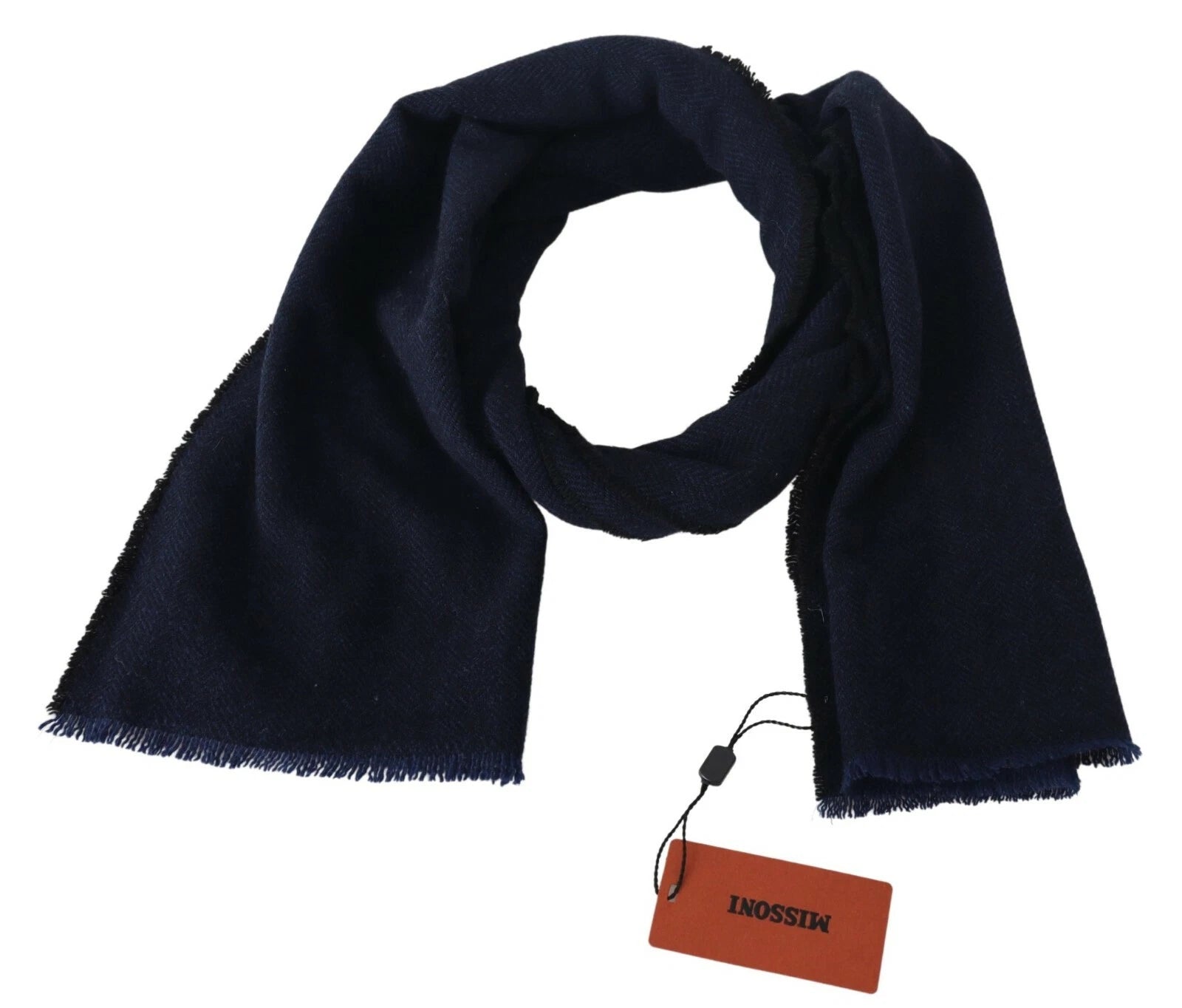 M Missoni Dark Blue Wool Unisex Neck Wrap Fringes Logo Scarf | Regal Royce