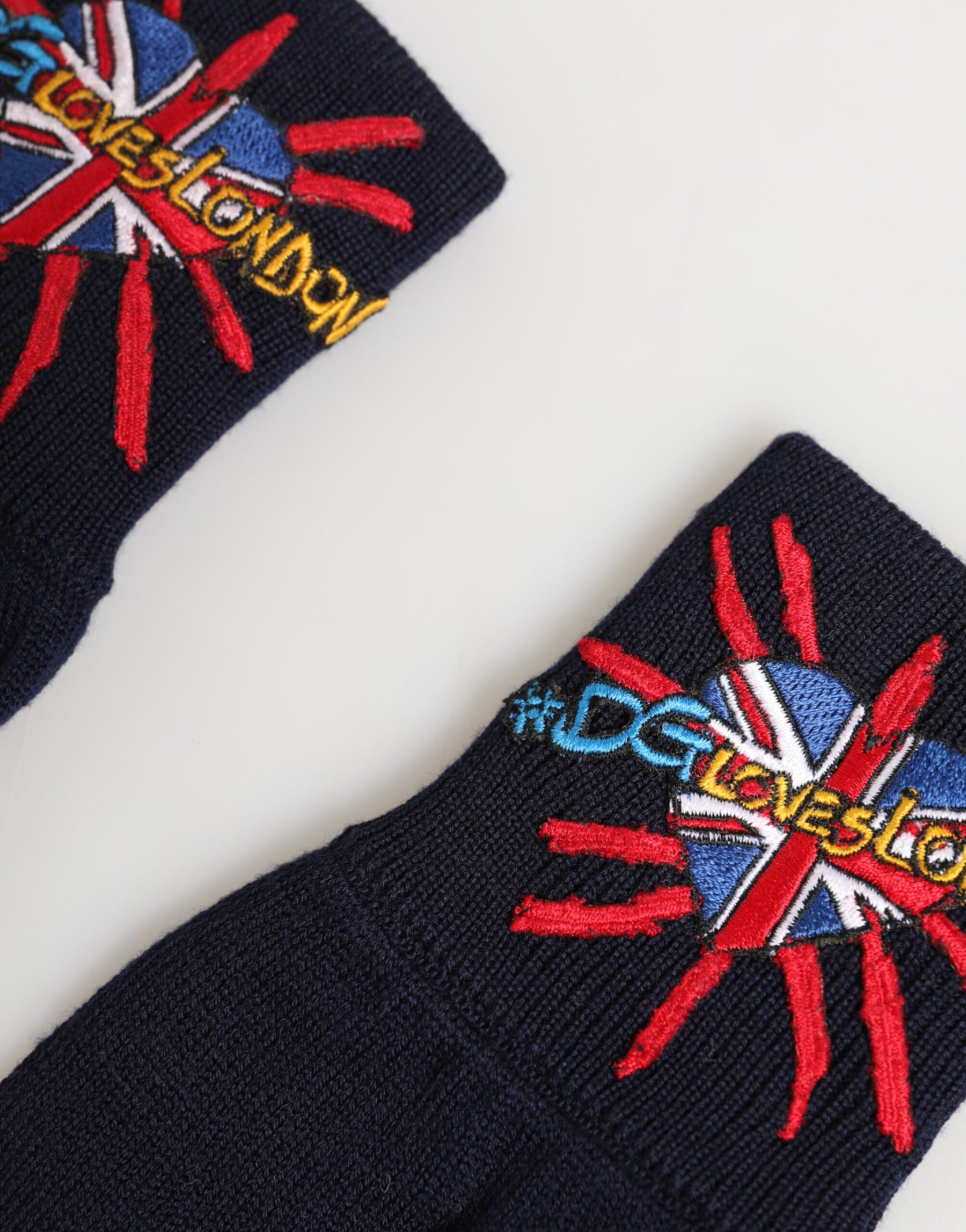 Dolce & Gabbana Blue Wool Knit #DGLovesLondon Embroidered Mitten Gloves | Regal Royce