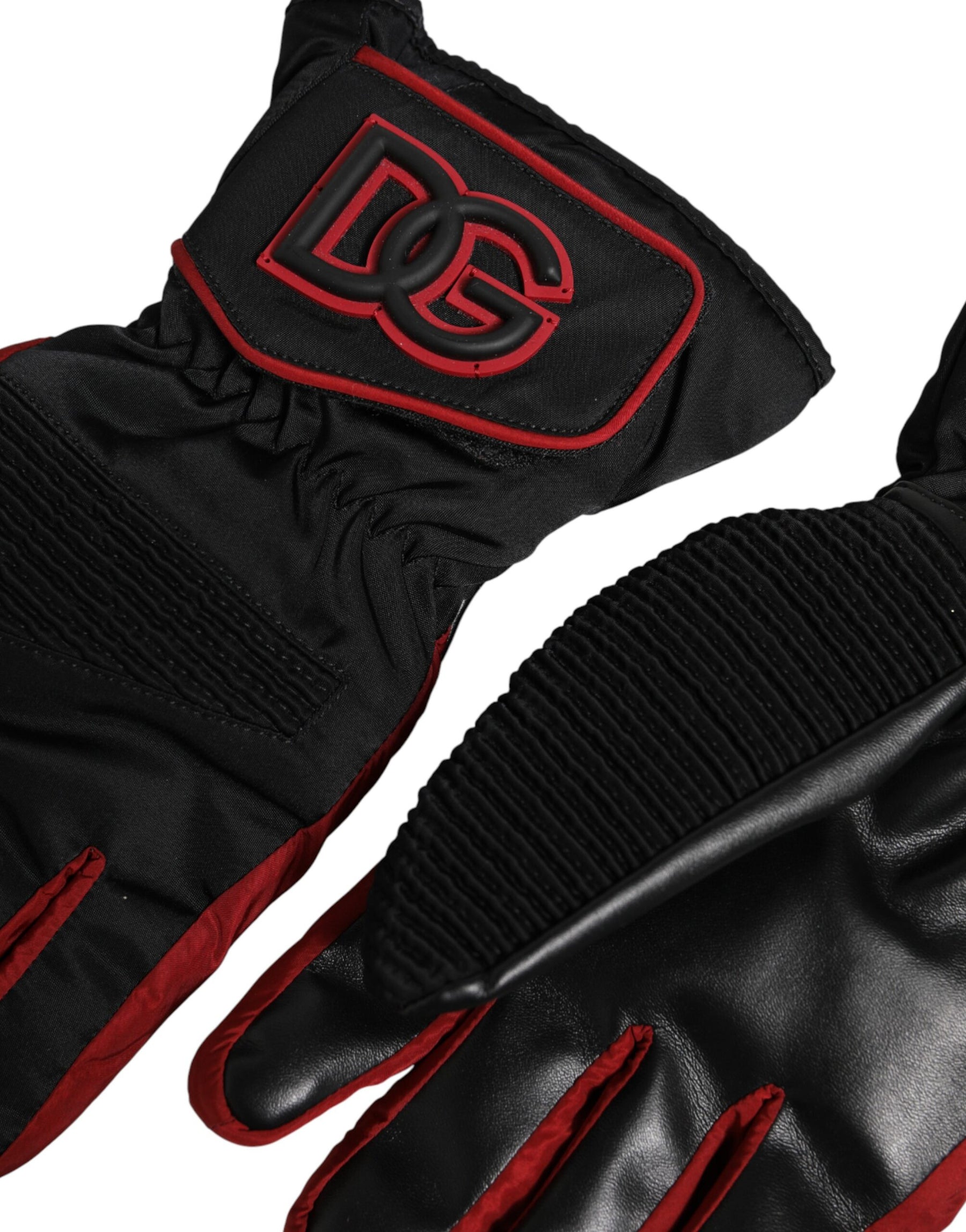 Dolce & Gabbana Black Red Nylon Wrist Length Mitten Gloves | Regal Royce