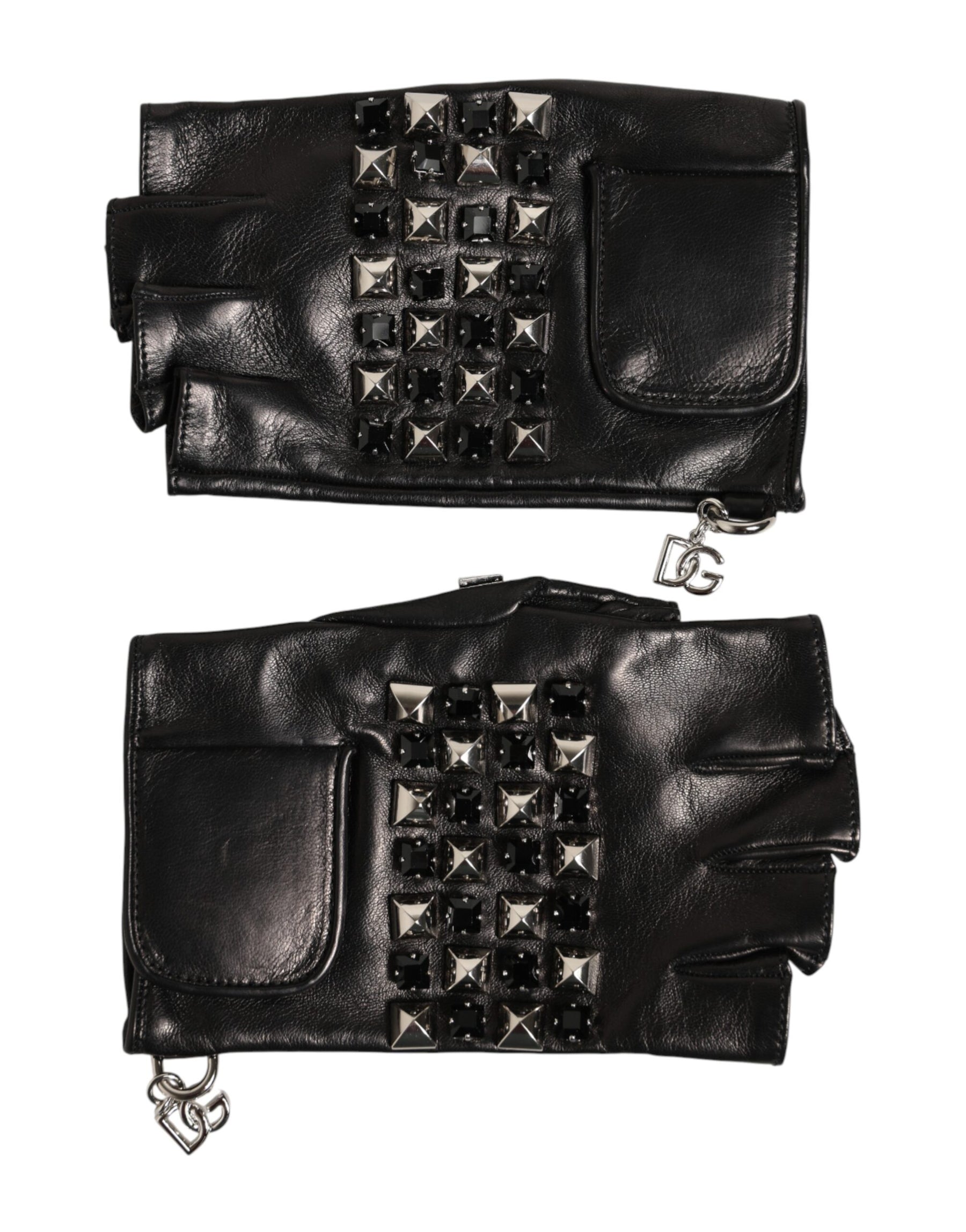 Dolce & Gabbana Black Leather Studded Fingerless Hand Mitten Men Gloves | Regal Royce