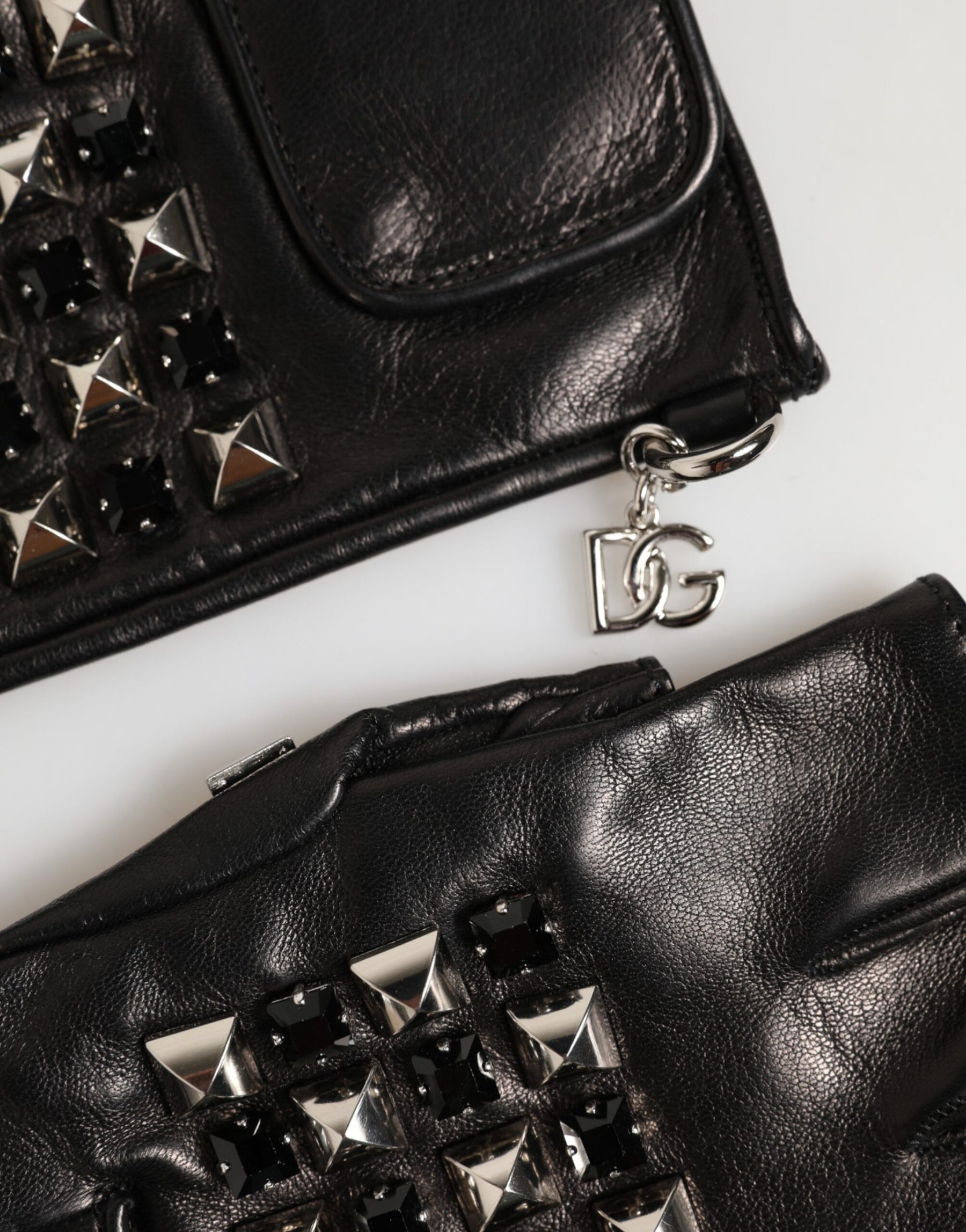 Dolce & Gabbana Black Leather Studded Fingerless Hand Mitten Men Gloves | Regal Royce
