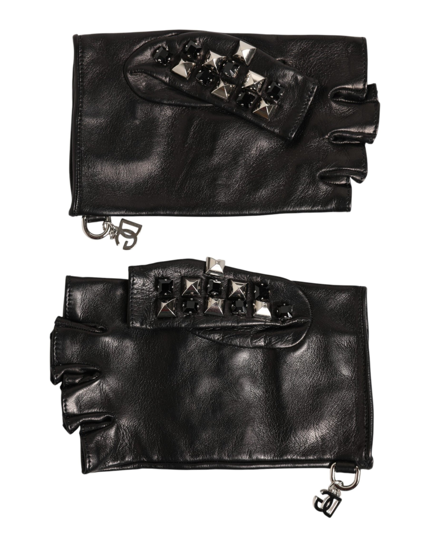 Dolce & Gabbana Black Leather Studded Fingerless Hand Mitten Men Gloves | Regal Royce