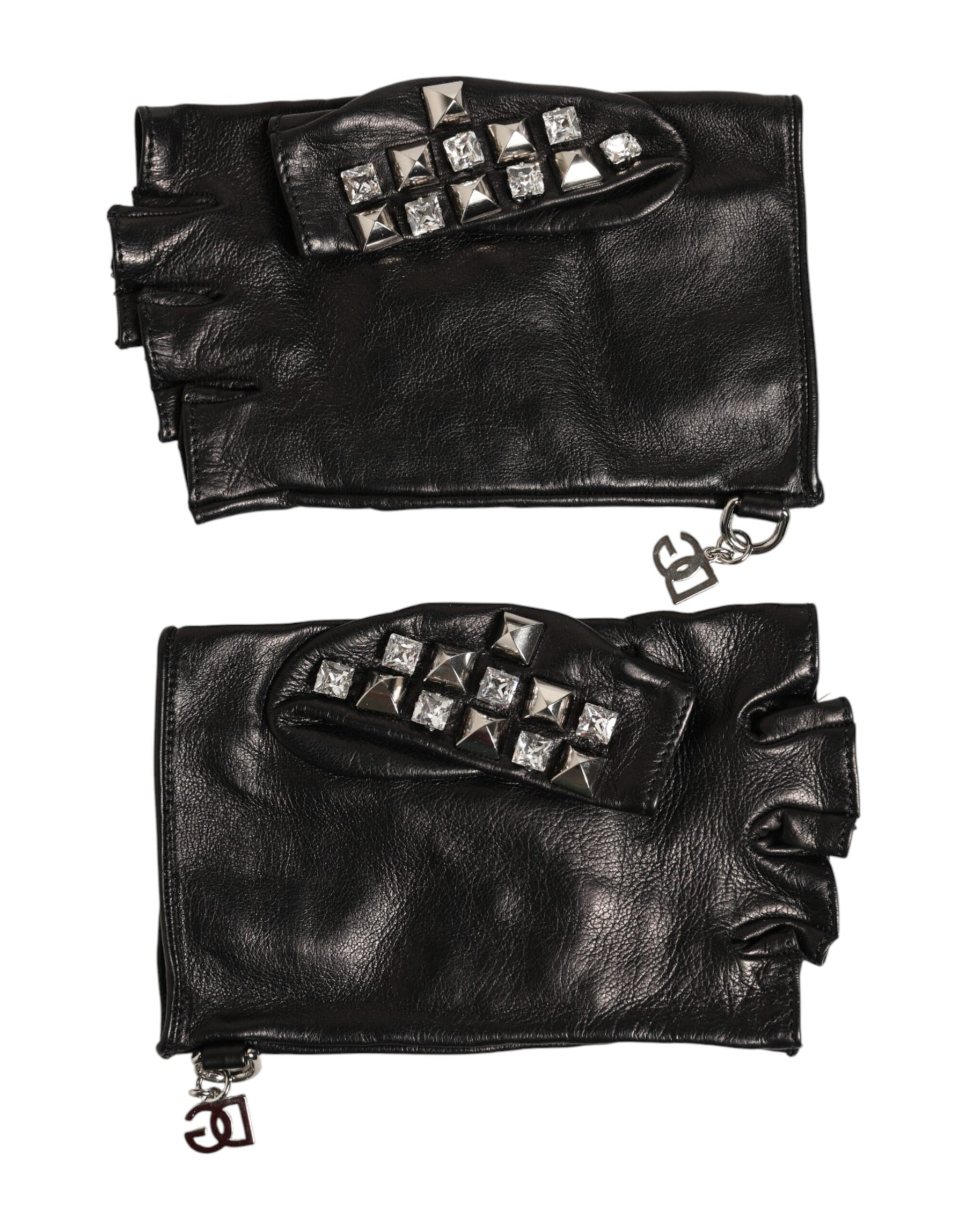 Dolce & Gabbana Black Leather Studded Fingerless Hand Mitten Men Gloves | Regal Royce