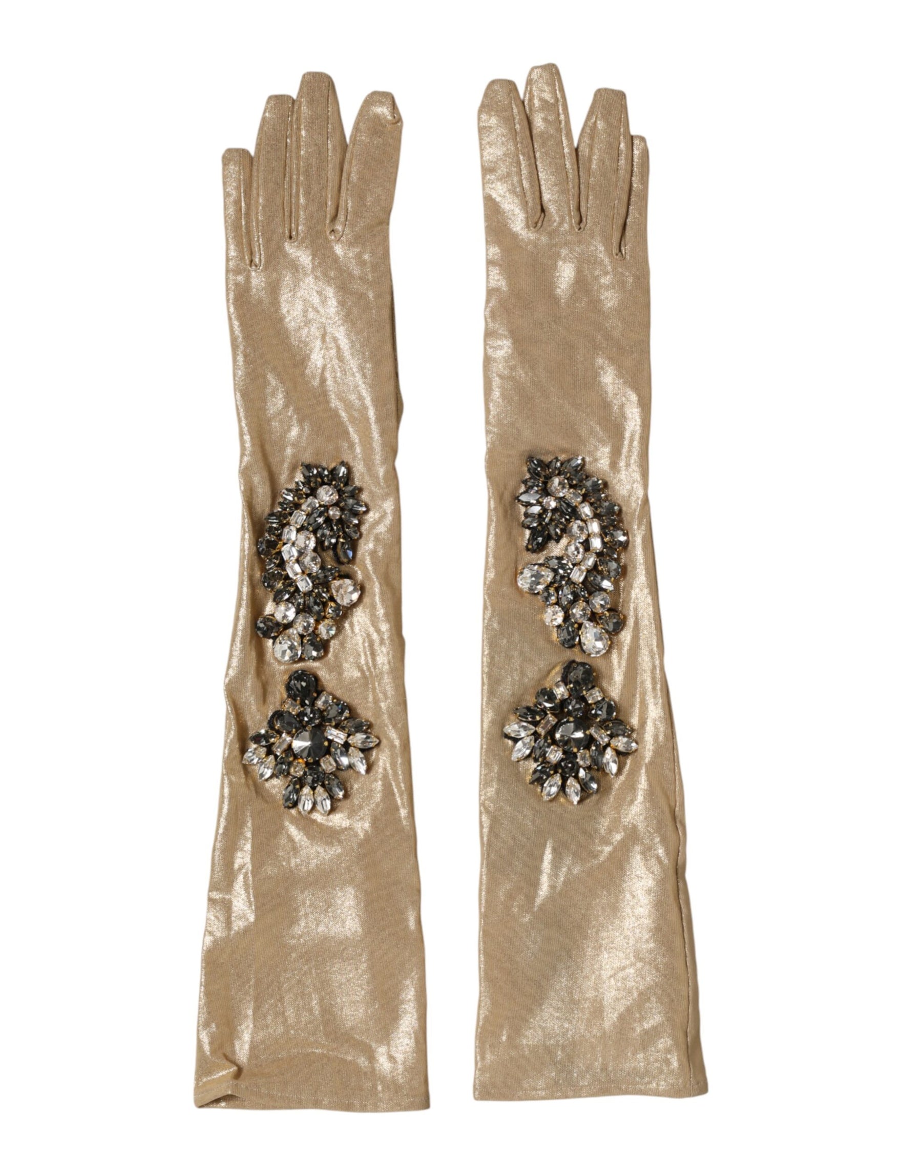 Dolce & Gabbana Beige Satin Crystal Elbow Length Mitten Gloves | Regal Royce