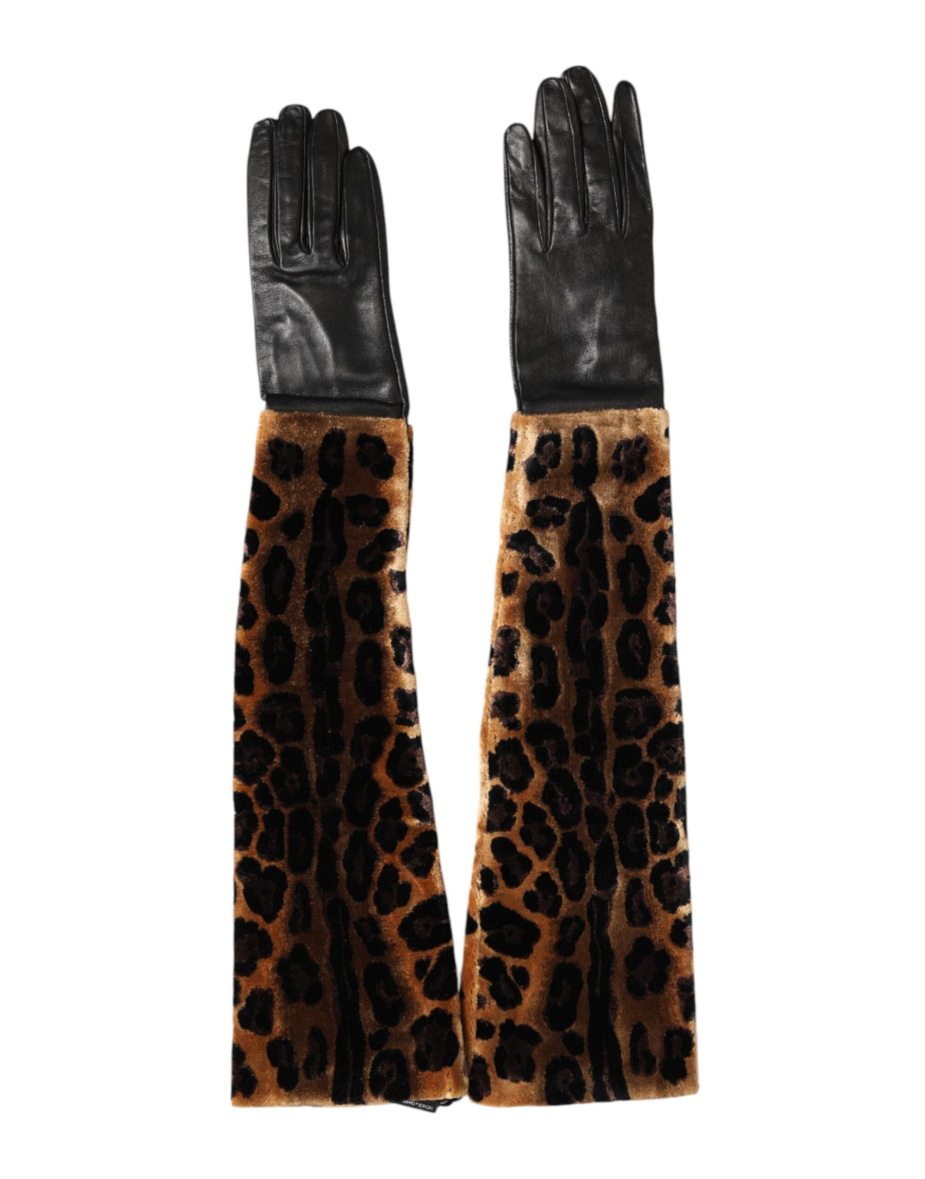 Dolce & Gabbana Brown Black Leopard Leather Elbow Length Mitten Gloves | Regal Royce