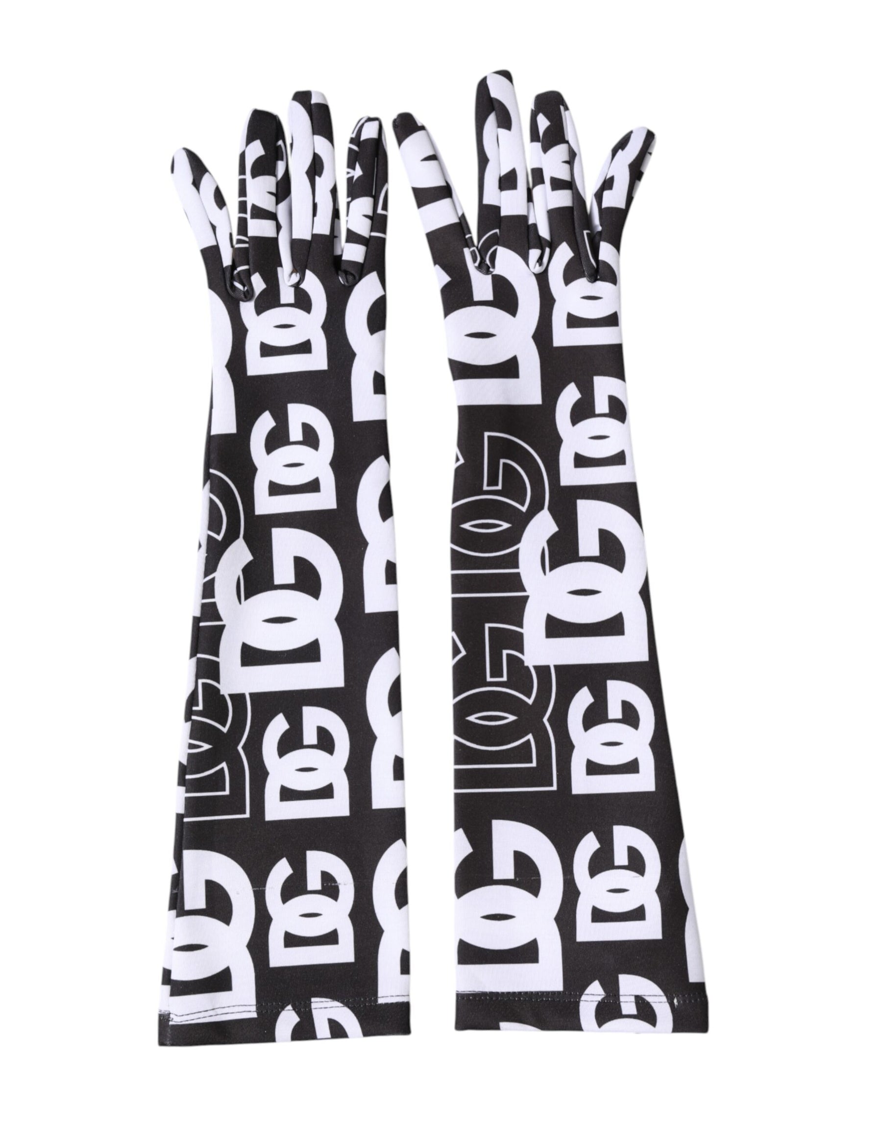 Dolce & Gabbana Black White DG Logo Elbow Length Mitten Gloves | Regal Royce