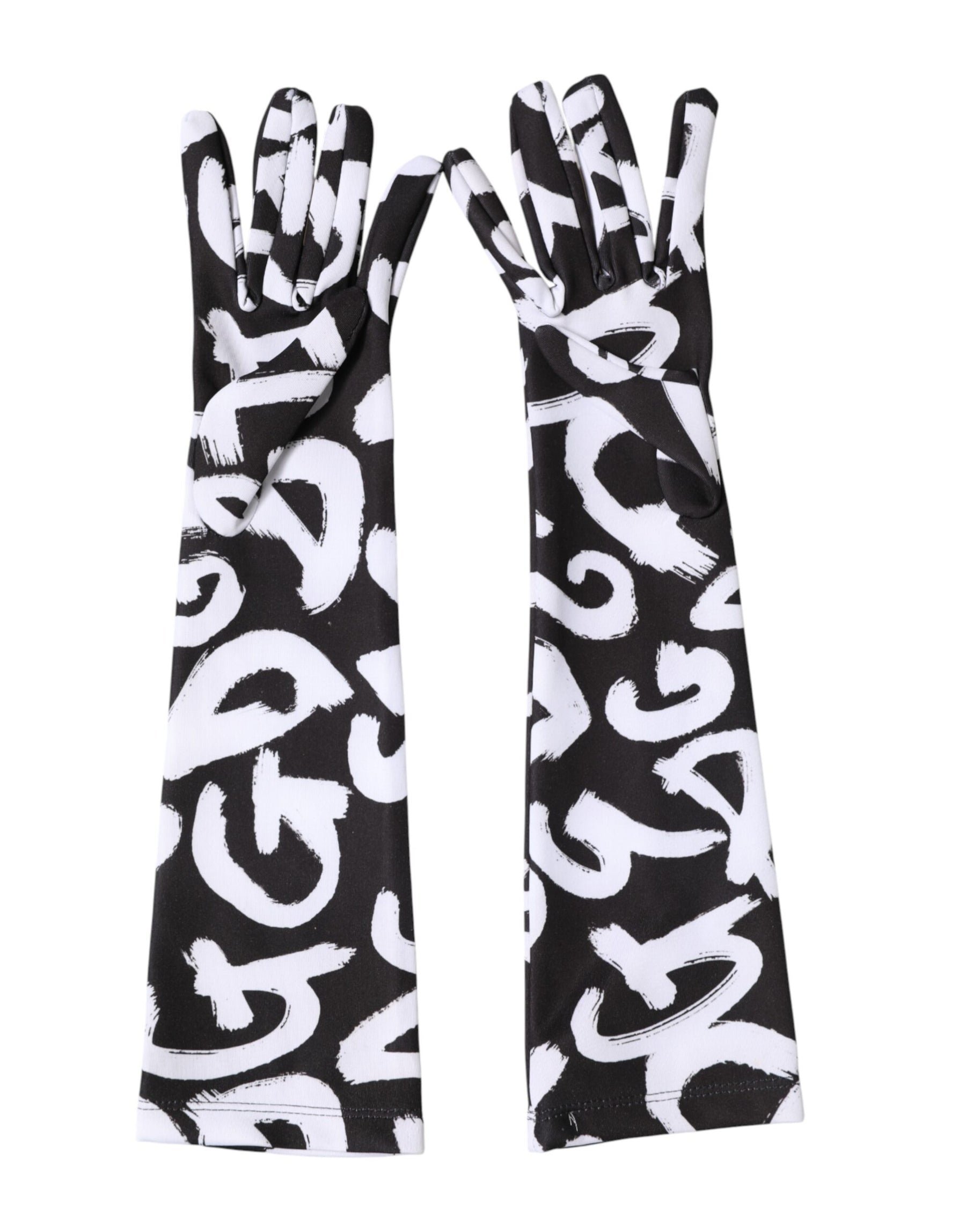 Dolce & Gabbana Black White DG Logo Elbow Length Mitten Gloves | Regal Royce