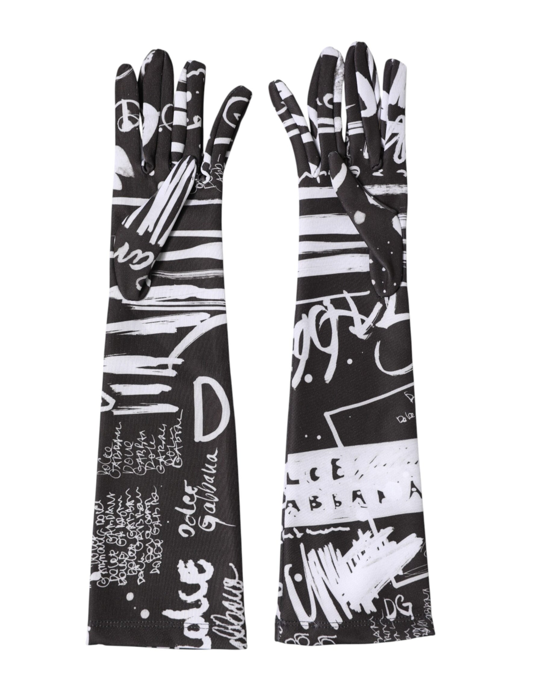 Dolce & Gabbana Black White DG Logo Elbow Length Mitten Gloves | Regal Royce