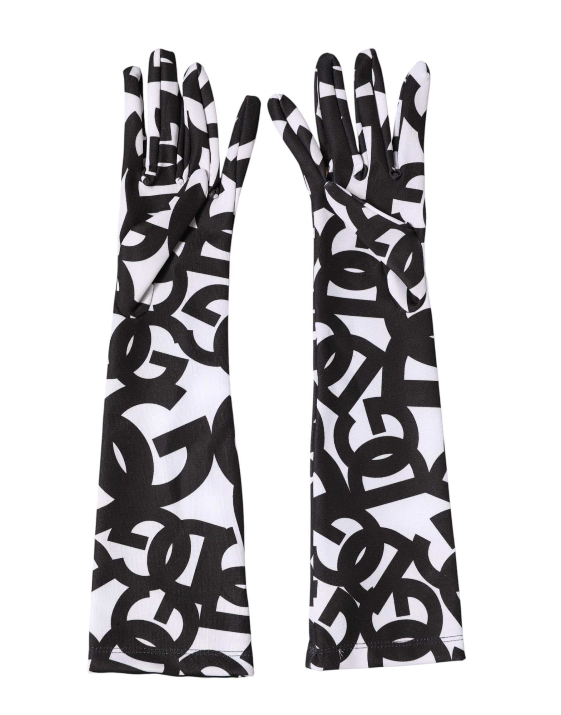 Dolce & Gabbana Black White DG Logo Elbow Length Mitten Gloves | Regal Royce