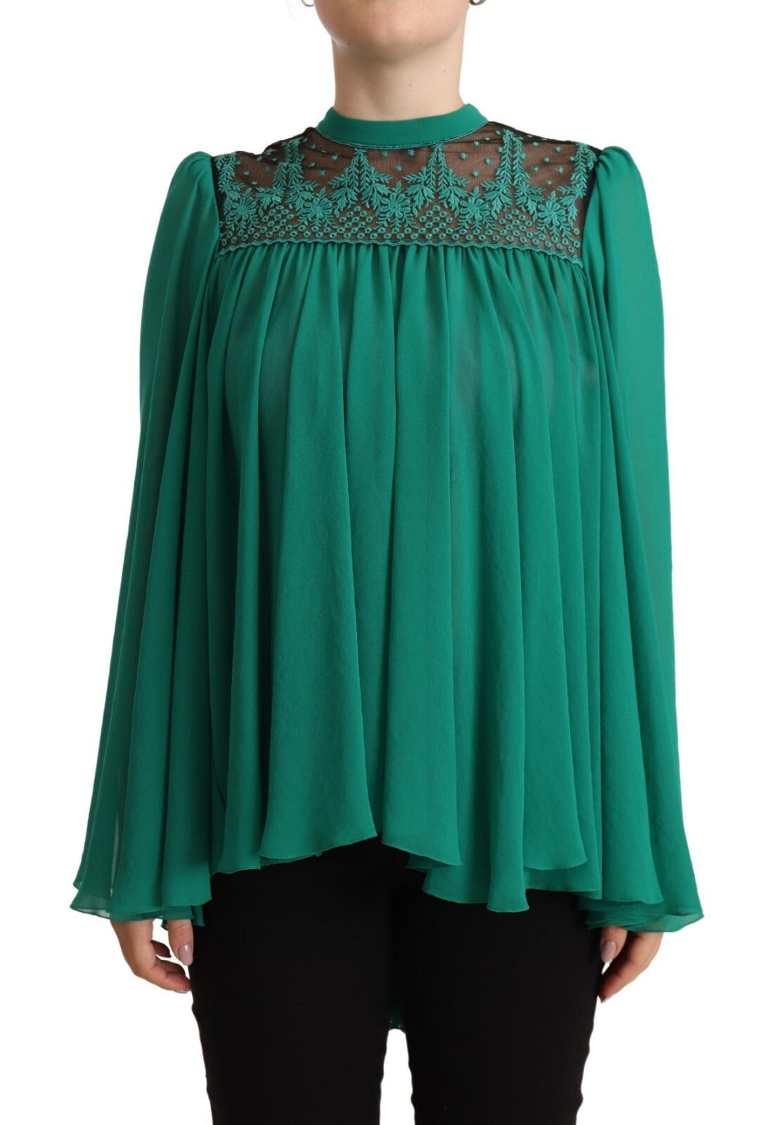 Philosophy Green Lace Polyester Long Sleeves Pleated Top Blouse | Regal Royce