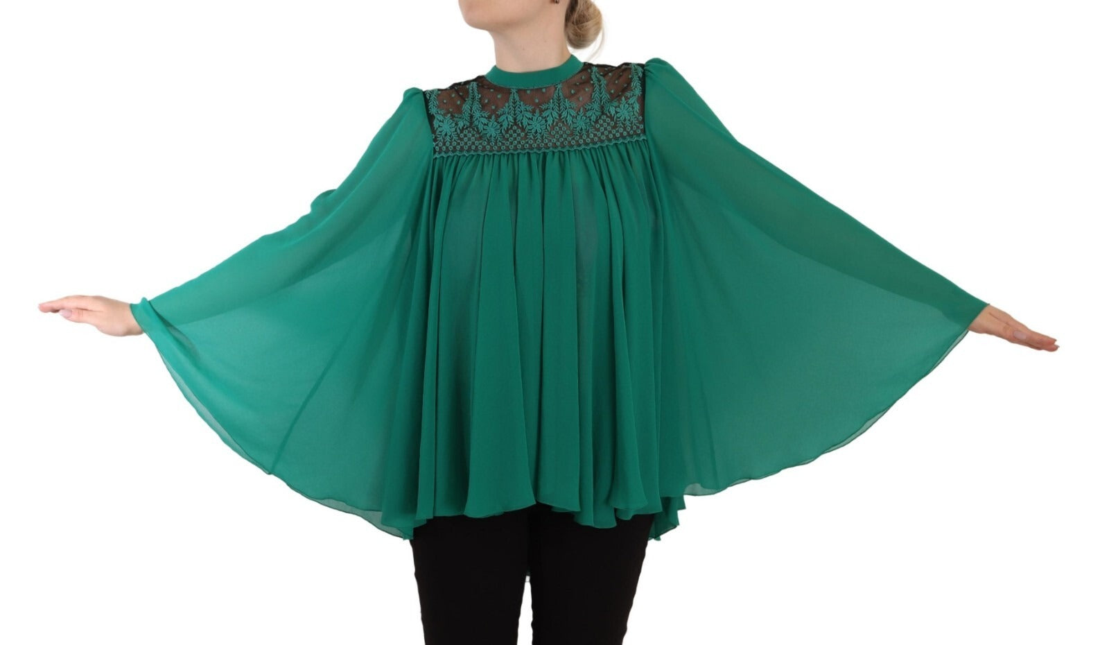 Philosophy Green Lace Polyester Long Sleeves Pleated Top Blouse | Regal Royce