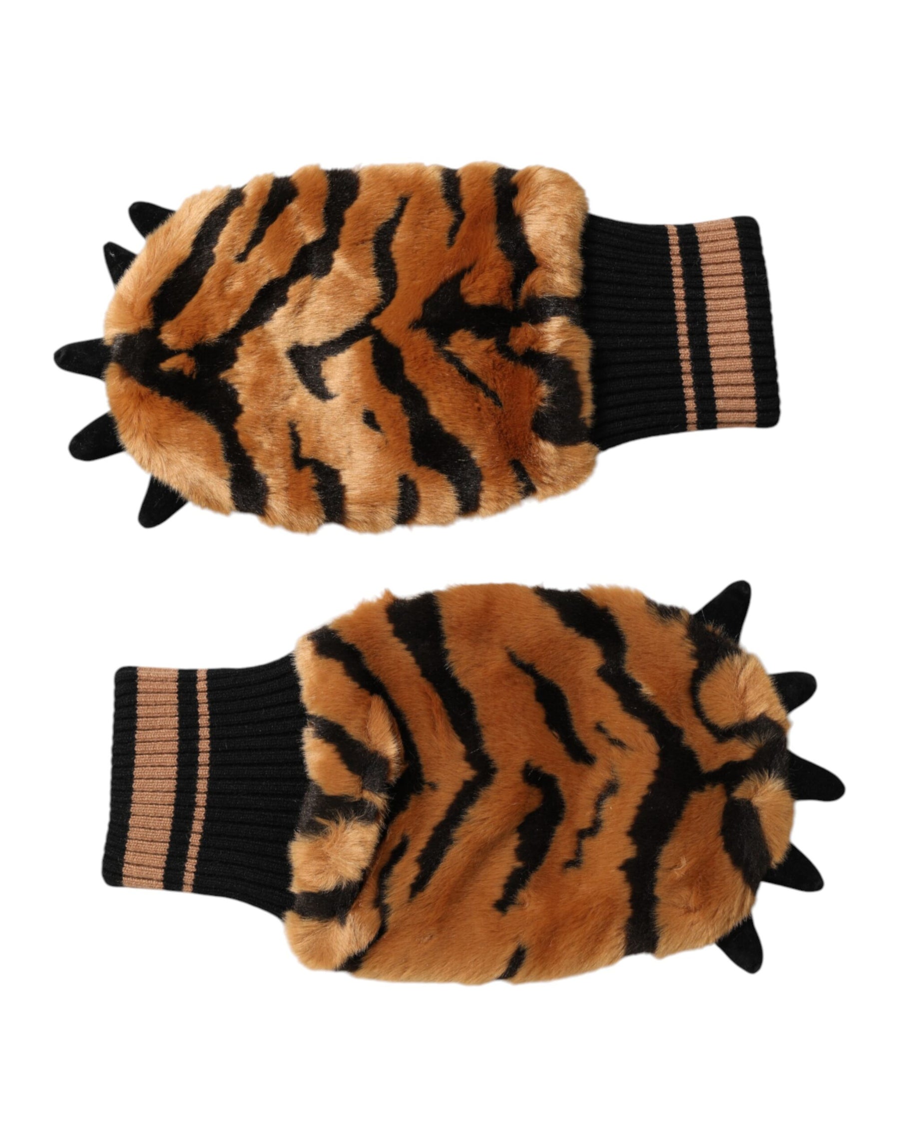 Dolce & Gabbana Brown Tiger Knitted Fur Wrist Mitten One Size Gloves | Regal Royce