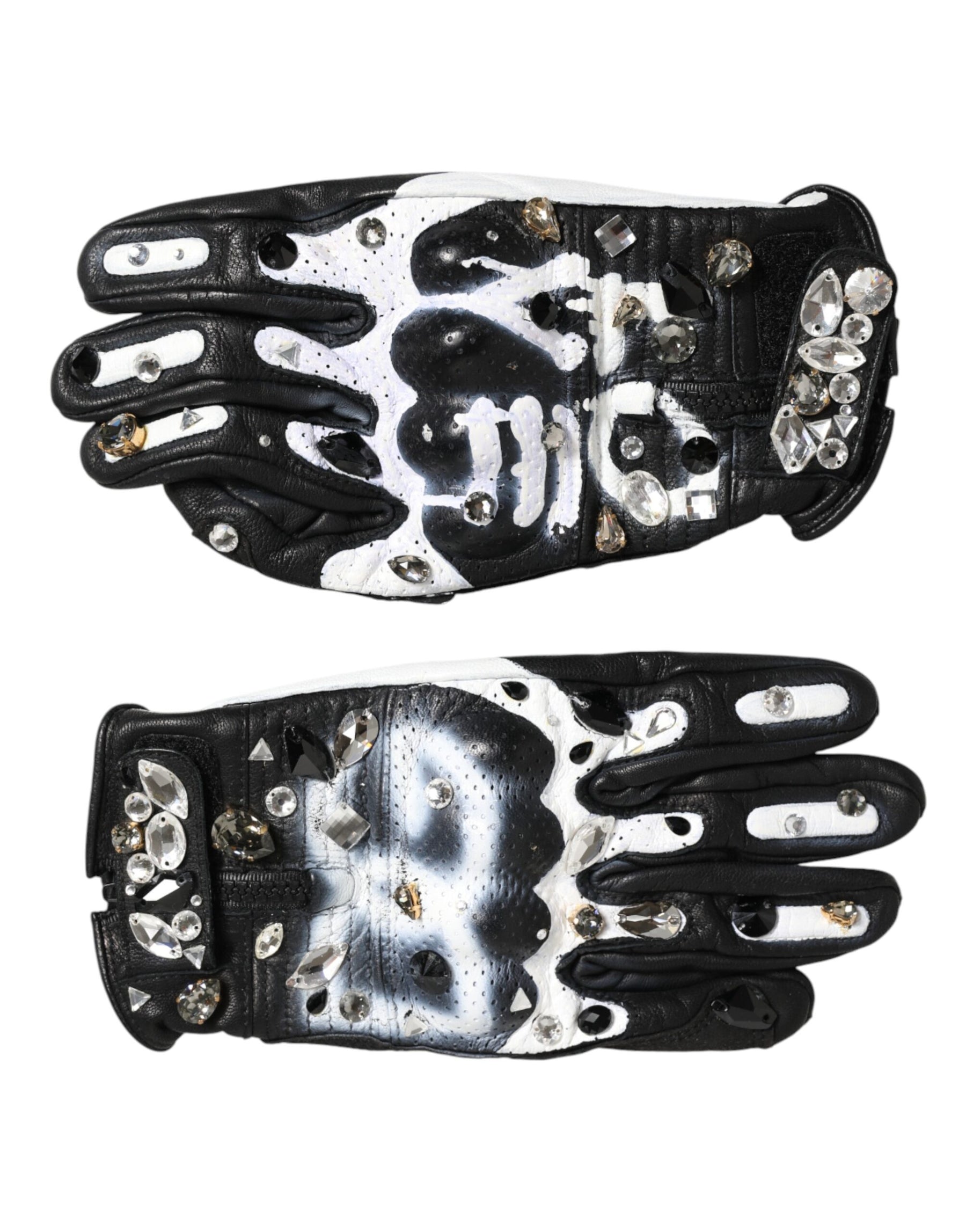Dolce & Gabbana Gloves Black White Crystal Wrist Length Mitten  Gloves | Regal Royce