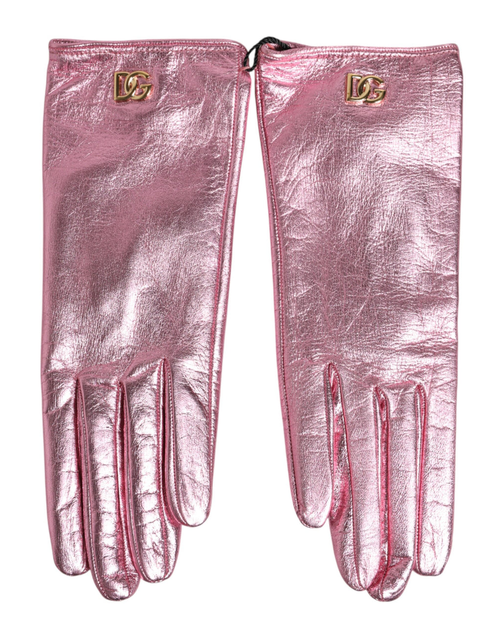 Dolce & Gabbana Pink Leather DG Logo Wrist Length Mitten Gloves