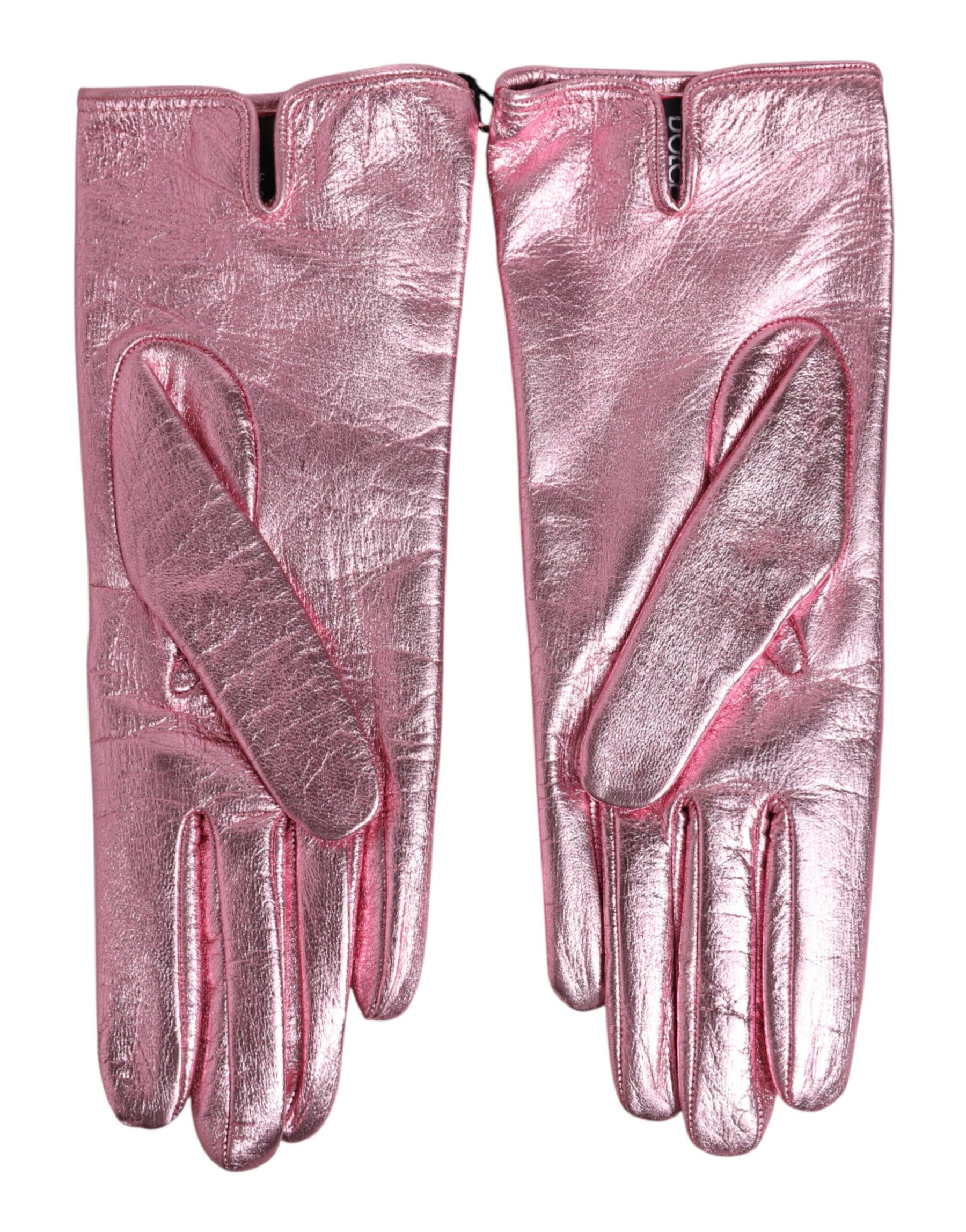 Dolce & Gabbana Pink Leather DG Logo Wrist Length Mitten Gloves | Regal Royce