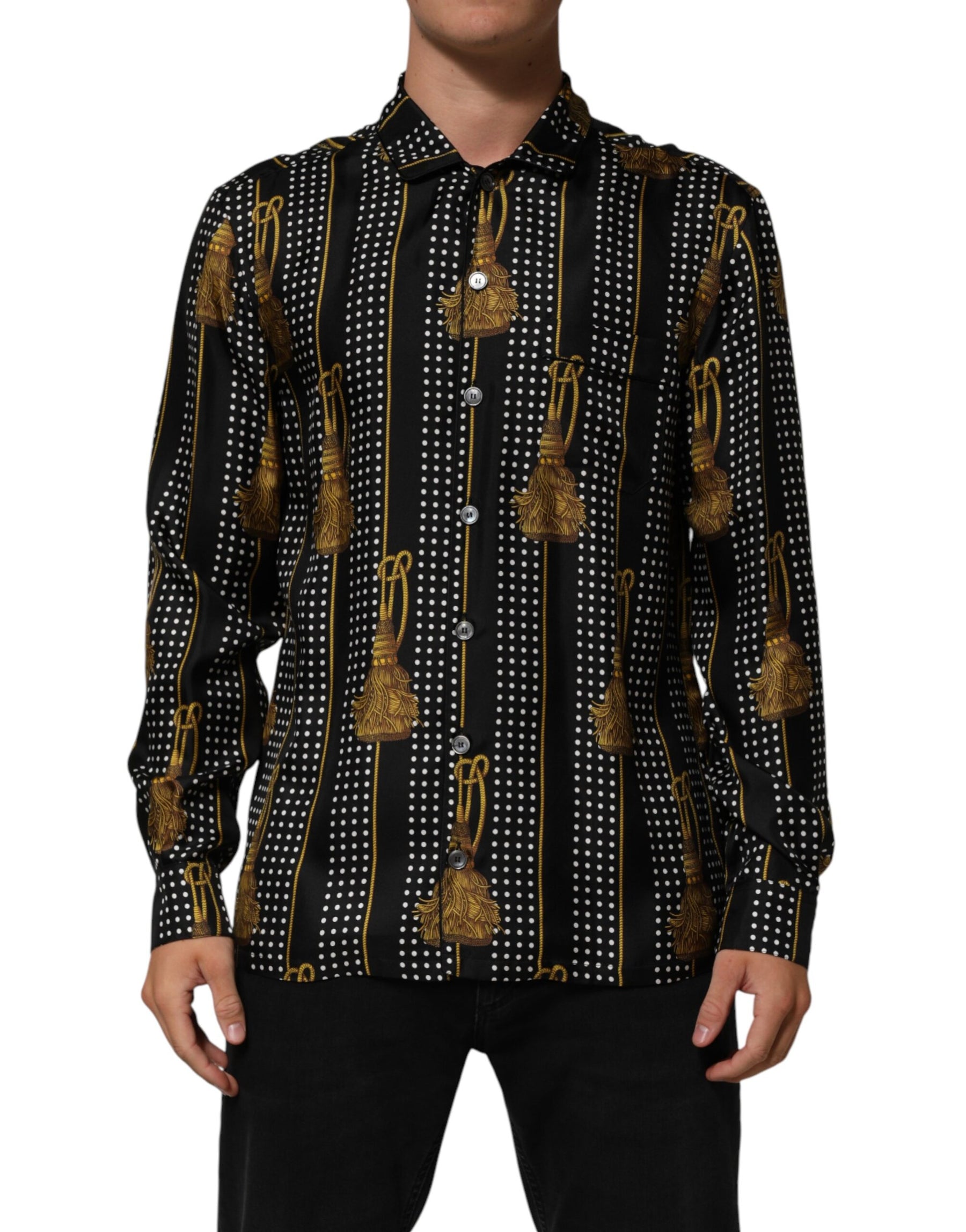 Dolce & Gabbana Black Dotted Tassel Silk Button Down Shirt | Regal Royce