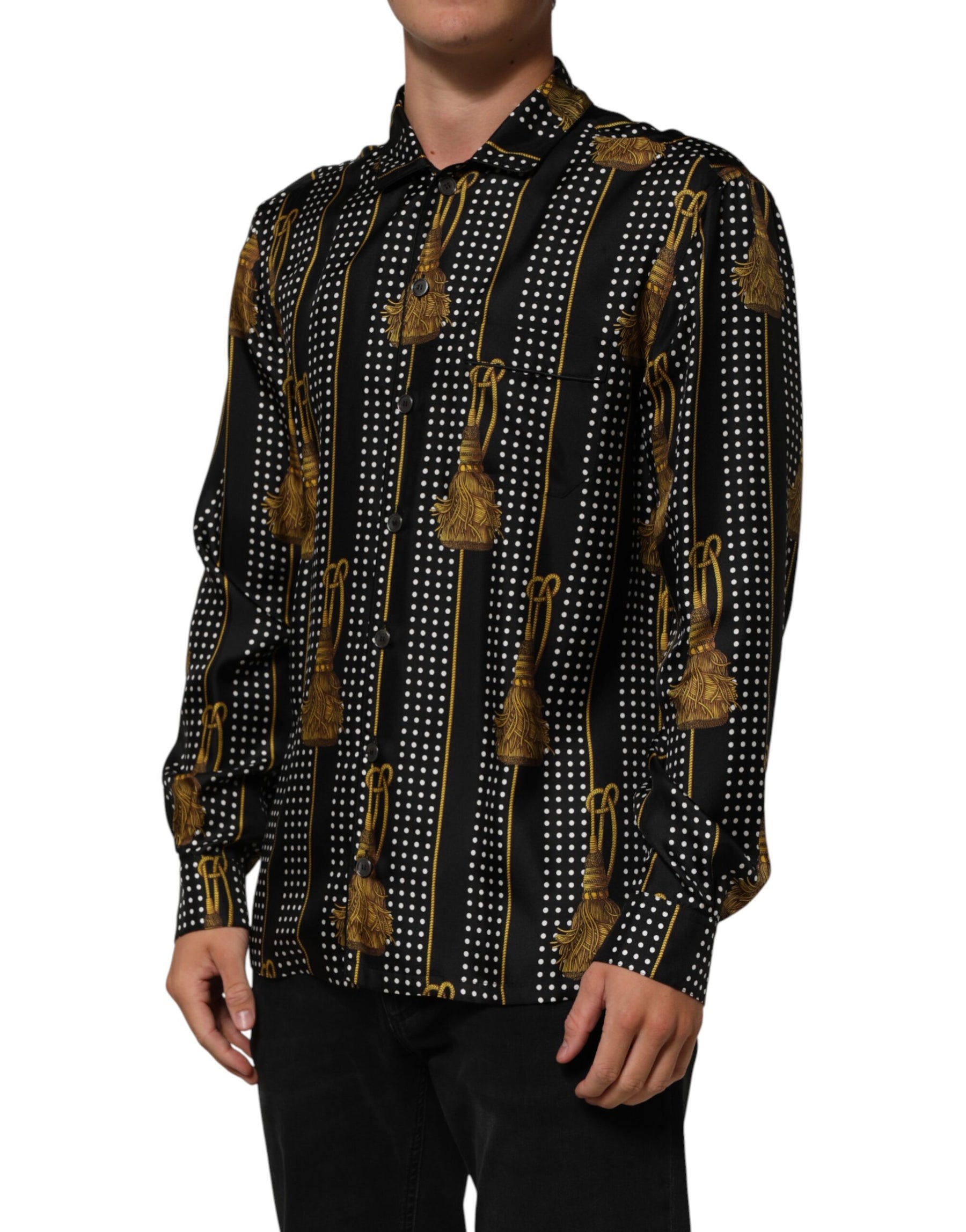 Dolce & Gabbana Black Dotted Tassel Silk Button Down Shirt | Regal Royce