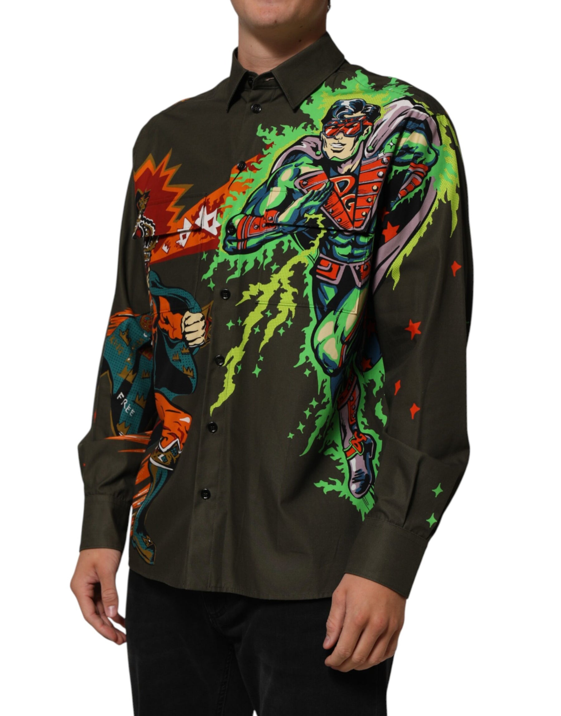 Dolce & Gabbana Brown Superhero Print Button Down Shirt | Regal Royce