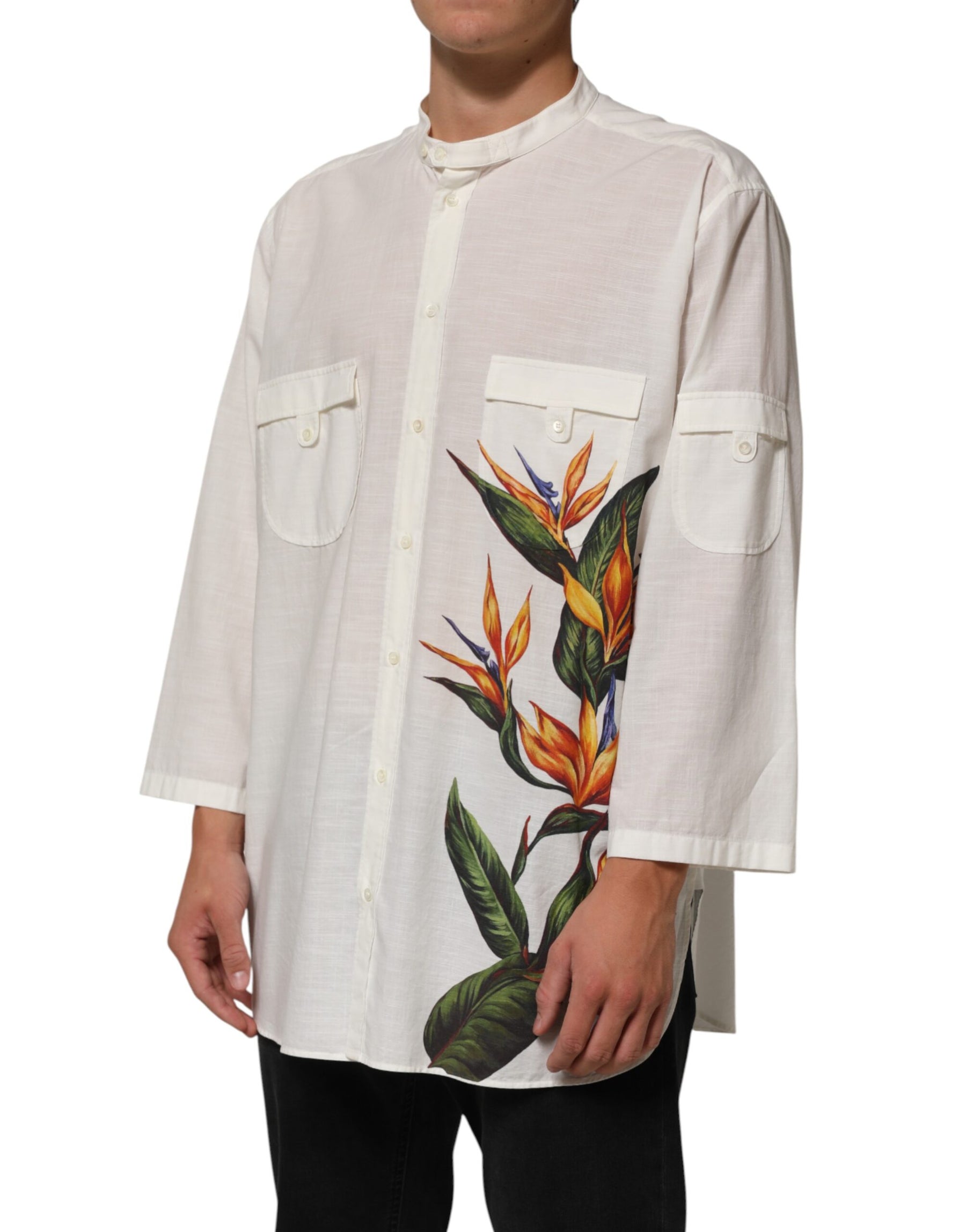 Dolce & Gabbana White Cotton Floral Print Button Down Shirt | Regal Royce